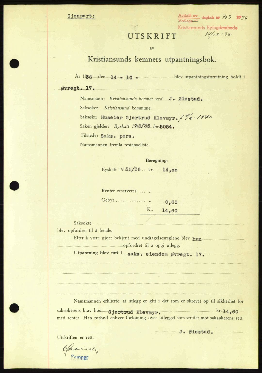 Kristiansund byfogd, SAT/A-4587/A/27: Pantebok nr. 29, 1936-1937, Dagboknr: 703/1936
