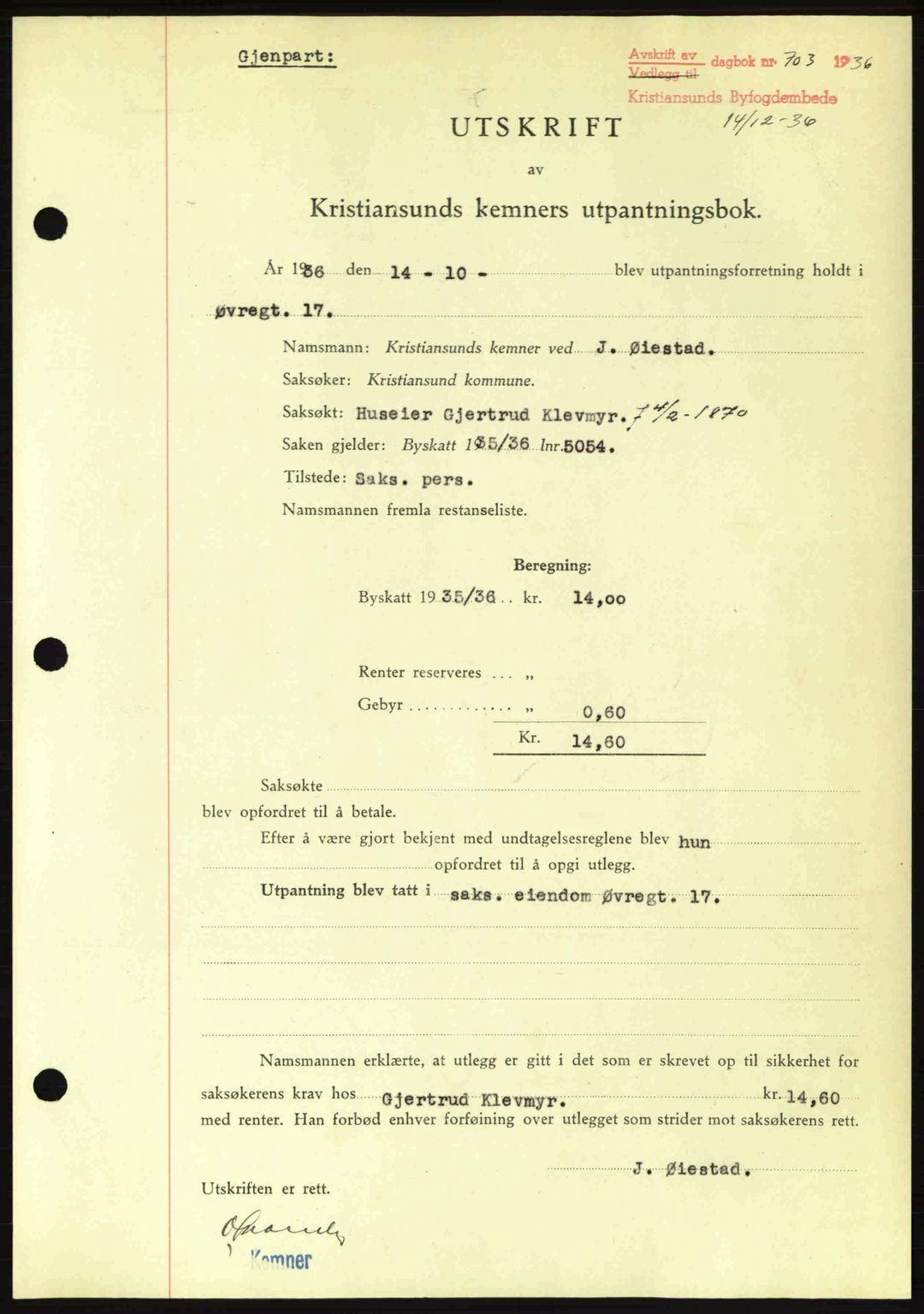 Kristiansund byfogd, AV/SAT-A-4587/A/27: Pantebok nr. 29, 1936-1937, Dagboknr: 703/1936