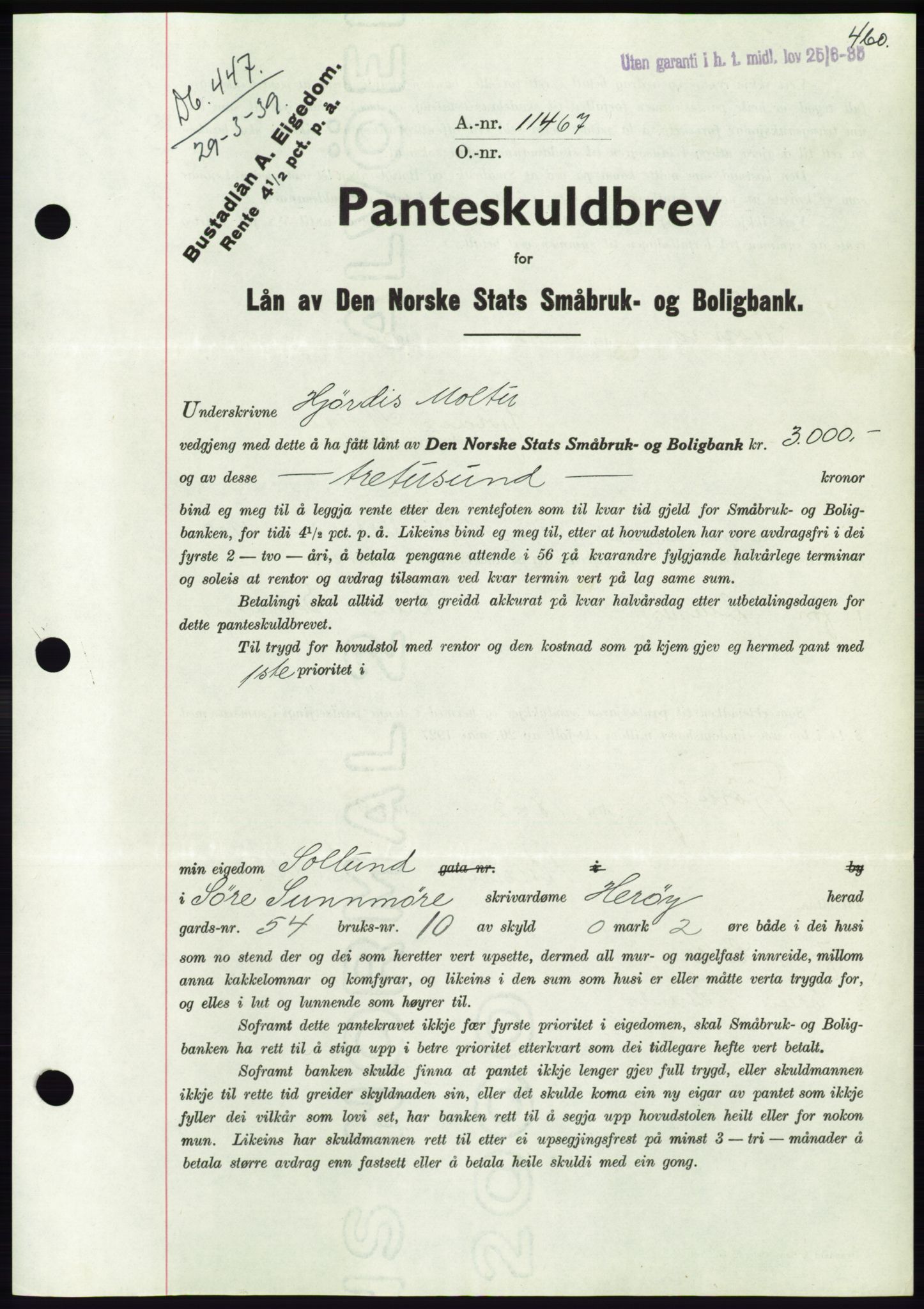 Søre Sunnmøre sorenskriveri, AV/SAT-A-4122/1/2/2C/L0067: Pantebok nr. 61, 1938-1939, Dagboknr: 447/1939