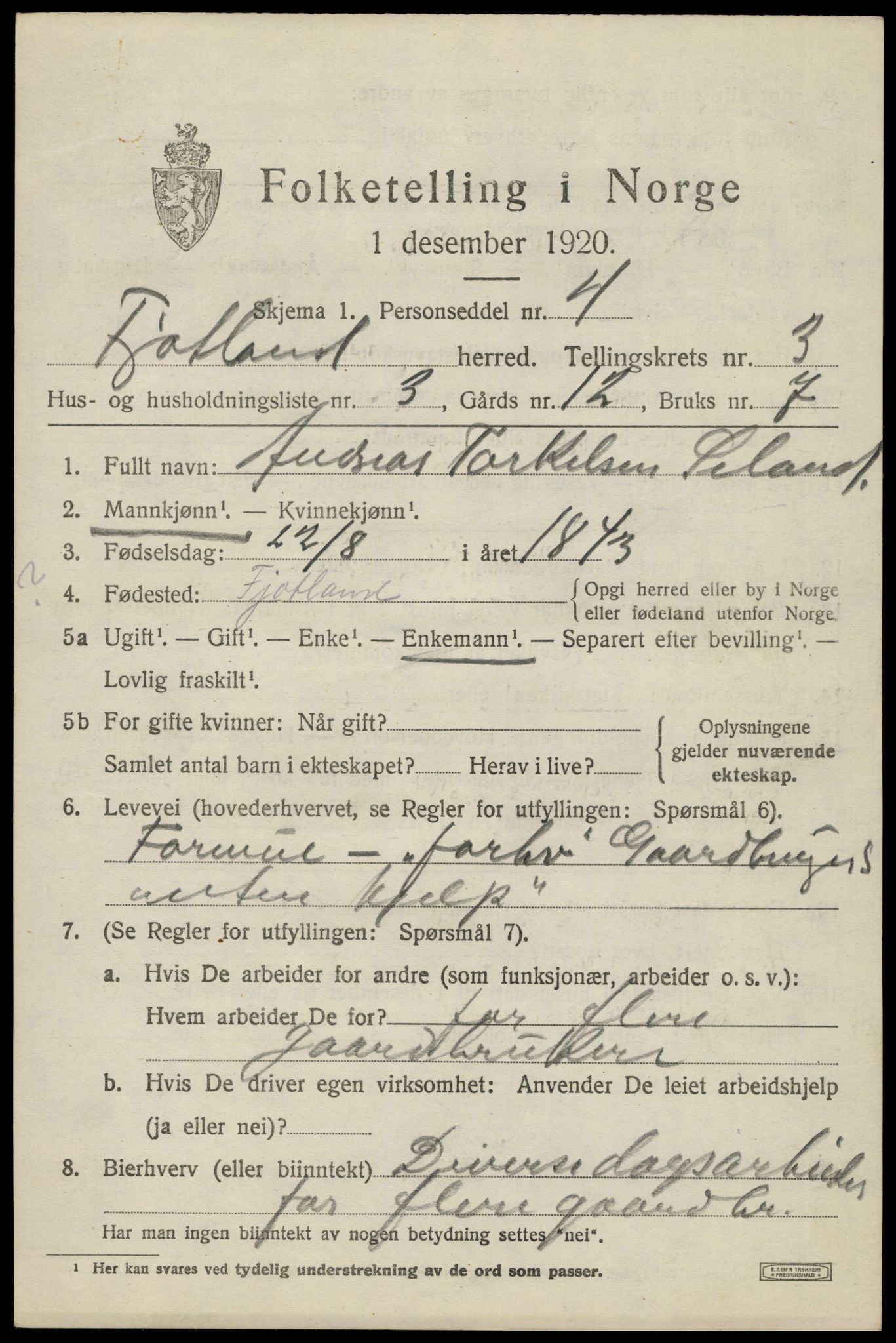 SAK, Folketelling 1920 for 1036 Fjotland herred, 1920, s. 960