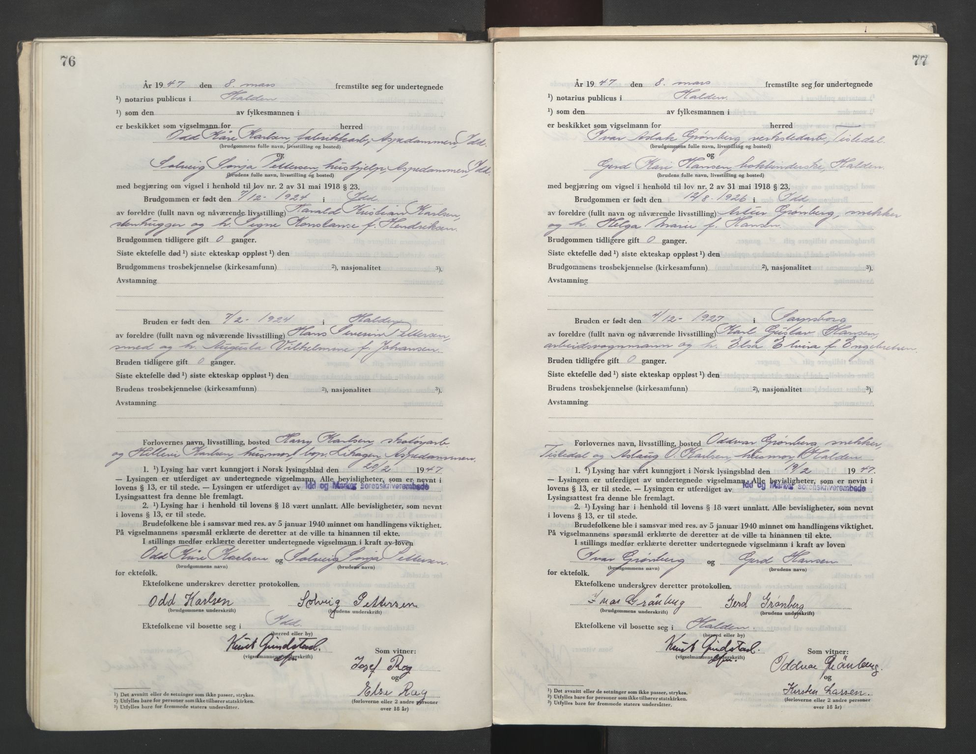 Idd og Marker sorenskriveri, AV/SAO-A-10283/L/Lc/L0001/0004: Vigselsbøker / Vigselsbok, 1945-1949, s. 76-77