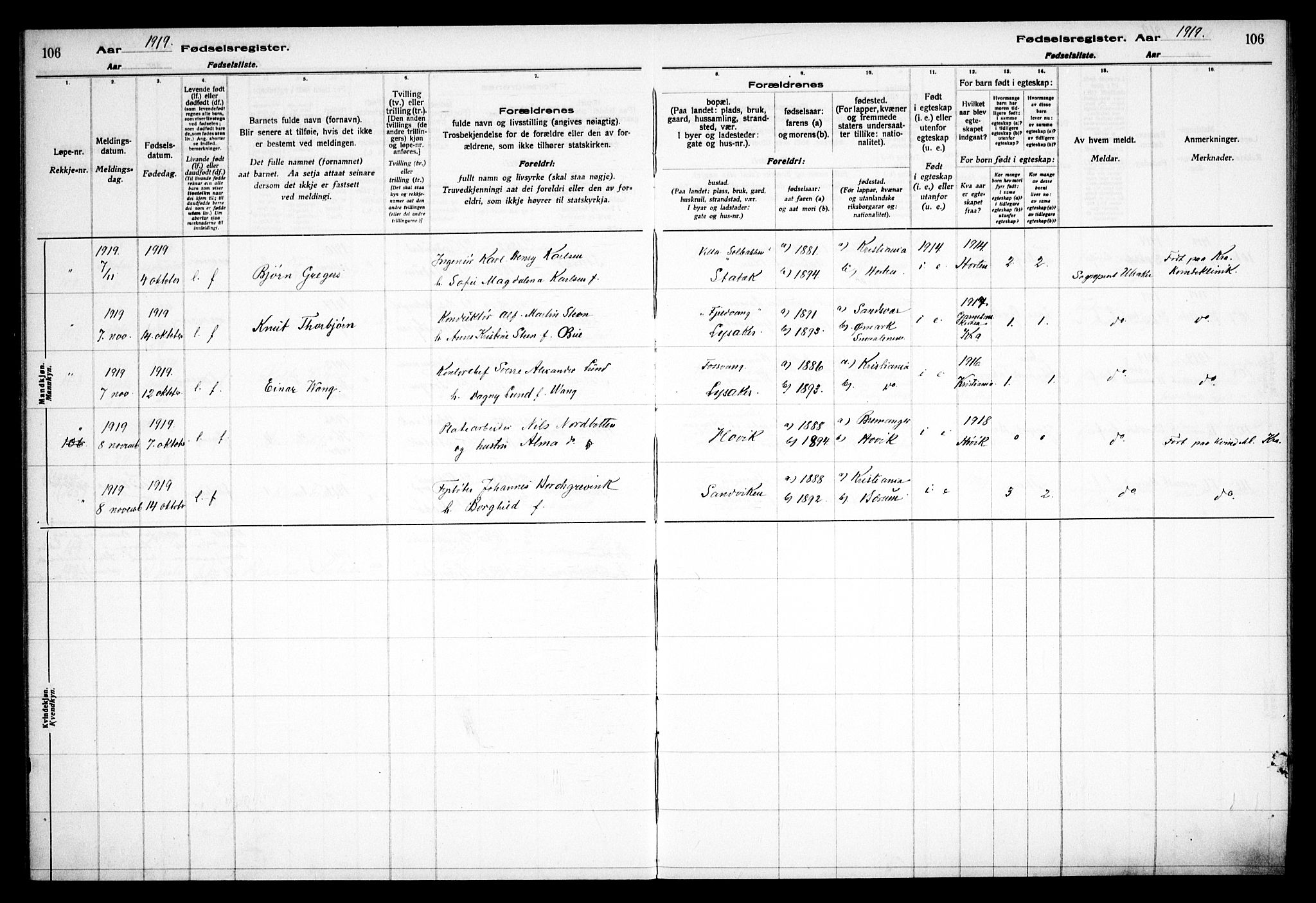 Østre Bærum prestekontor Kirkebøker, AV/SAO-A-10887/J/Ja/L0001: Fødselsregister nr. 1, 1916-1922, s. 106