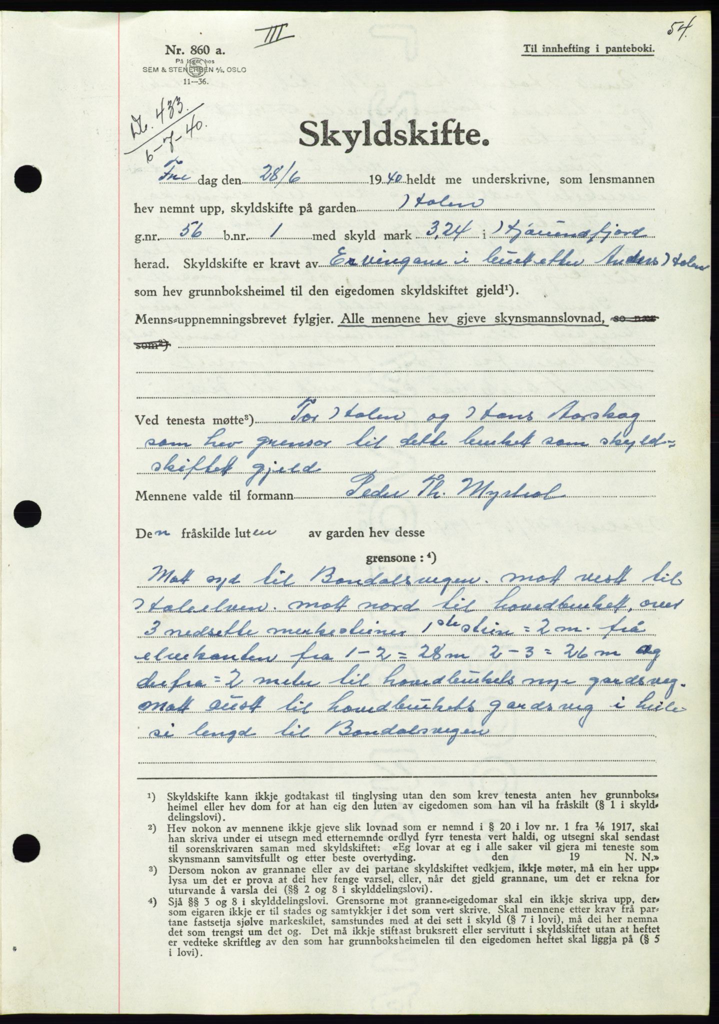 Søre Sunnmøre sorenskriveri, AV/SAT-A-4122/1/2/2C/L0070: Pantebok nr. 64, 1940-1941, Dagboknr: 433/1940