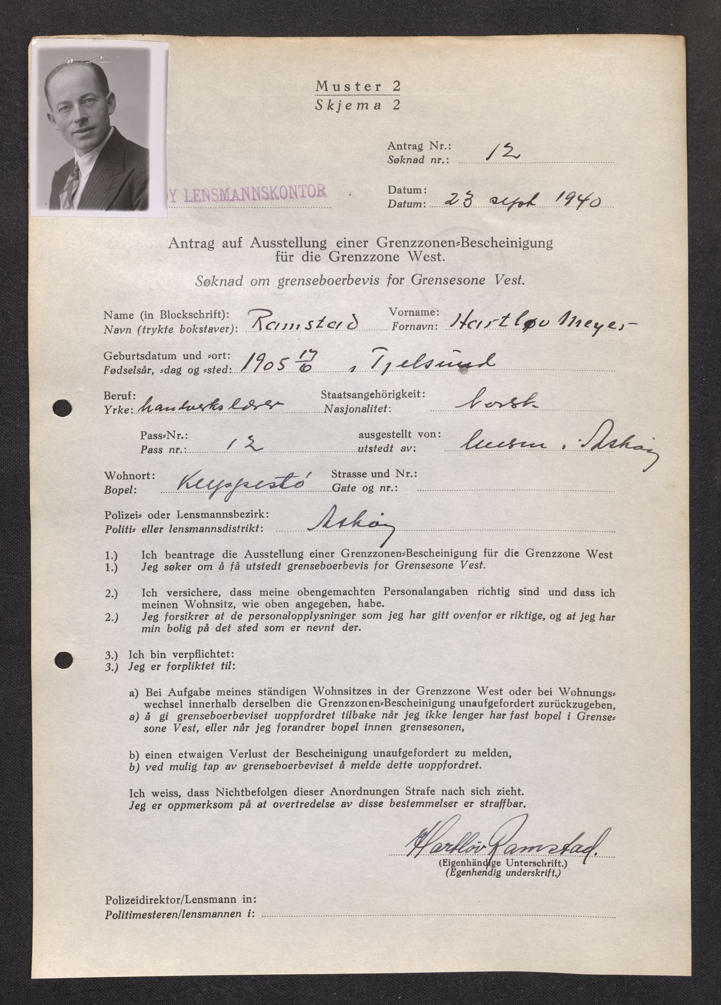 Lensmannen i Askøy, AV/SAB-A-31001/0026/L0003: Søknader om grensebuarbevis 1 - 425, 1940, s. 23