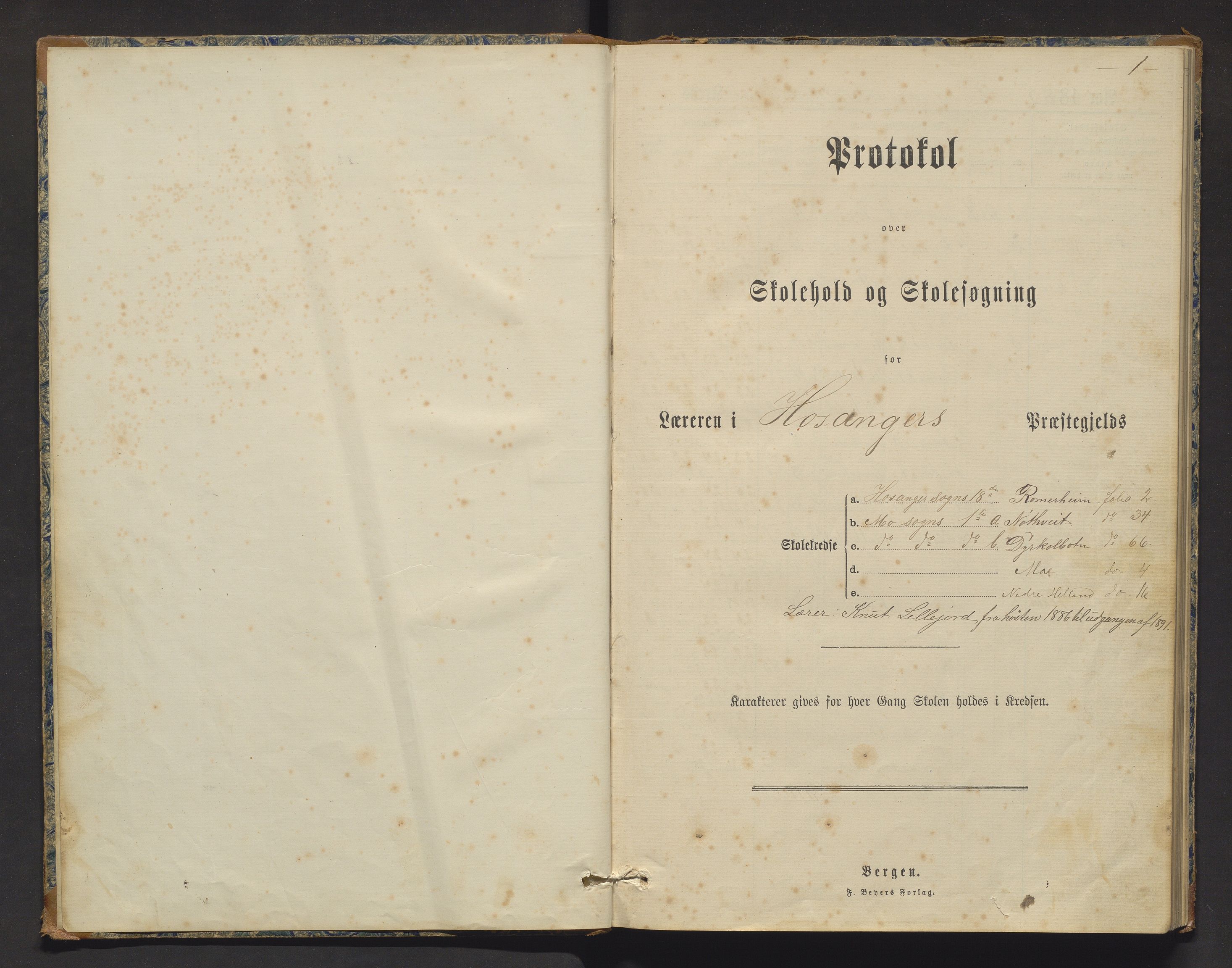 Modalen kommune. Skulestyret, IKAH/1252-211/H/Hc/L0001: Skuleprotokoll for Romarheim, Nottveit, Dyrkolbotn, Mo og Nedre Helland krinsar, 1885-1900