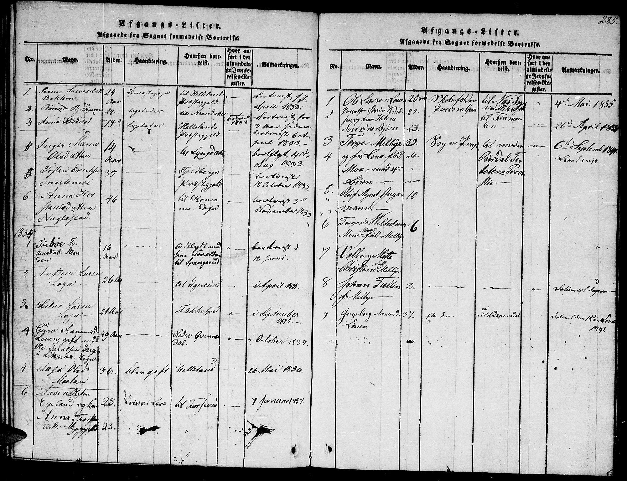Hægebostad sokneprestkontor, SAK/1111-0024/F/Fb/Fba/L0001: Klokkerbok nr. B 1, 1815-1844, s. 285