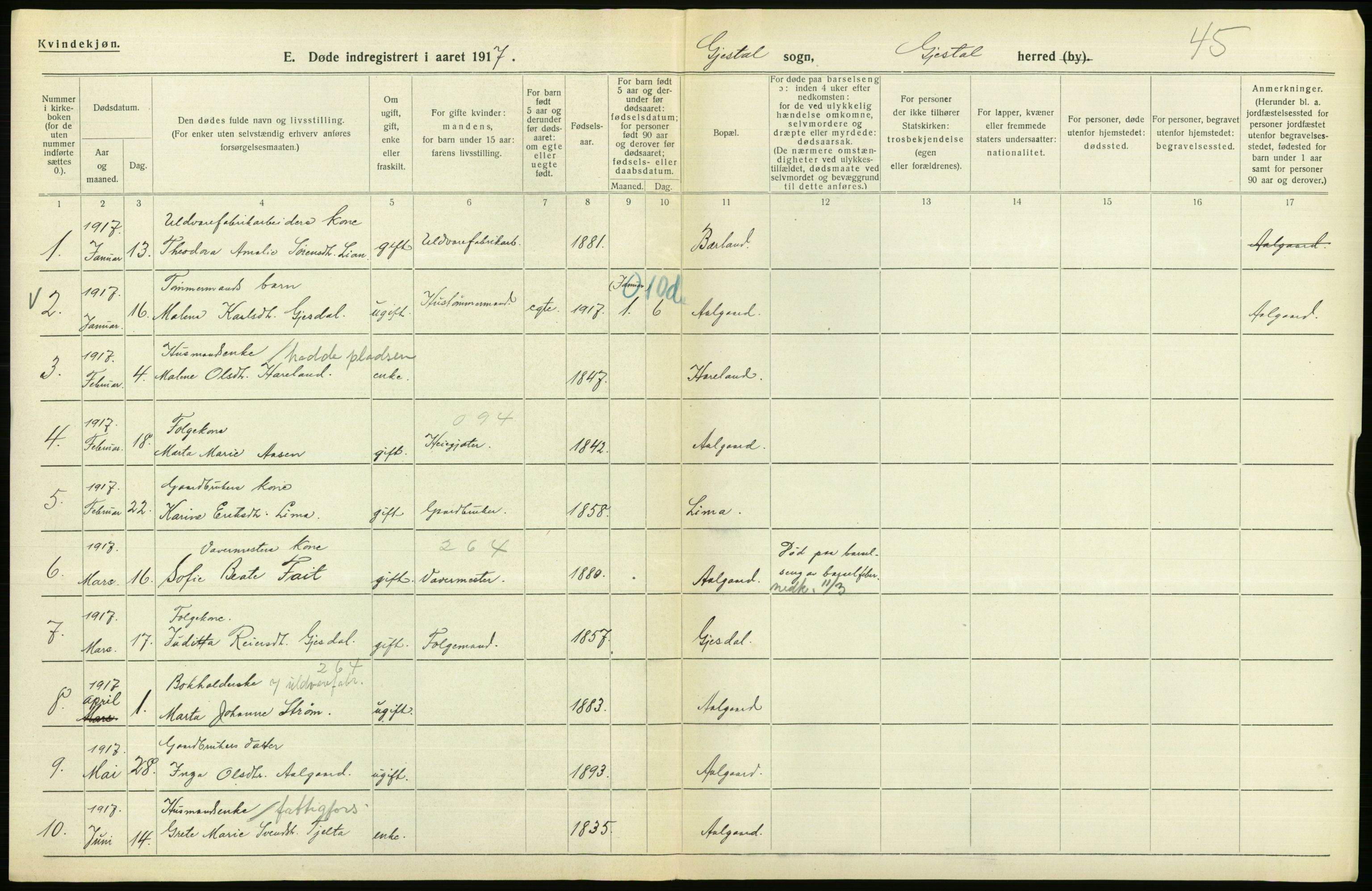 Statistisk sentralbyrå, Sosiodemografiske emner, Befolkning, RA/S-2228/D/Df/Dfb/Dfbg/L0033: Stavanger amt: Døde, dødfødte. Bygder og byer., 1917, s. 210