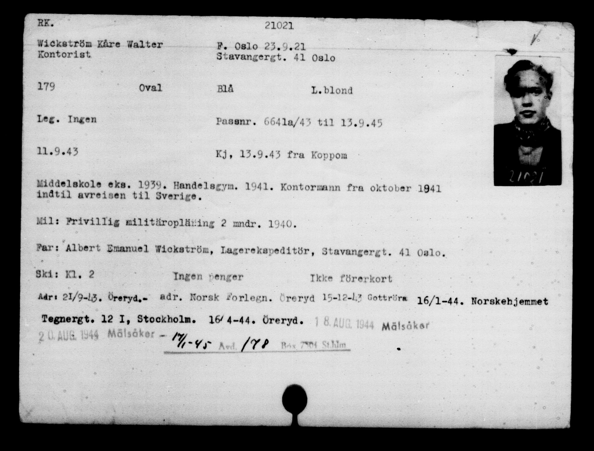 Utenriksstasjonene, Legasjonen i Stockholm, Flyktningkontoret, AV/RA-S-6753/V/Va/L0009: Kjesäterkartoteket, flyktninger med registreringsnr. 18502-22048, 1940-1945, s. 2013