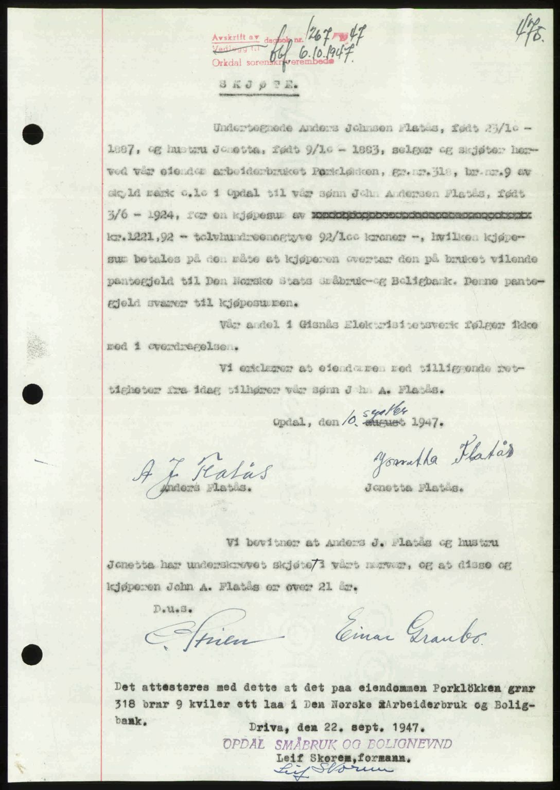 Orkdal sorenskriveri, SAT/A-4169/1/2/2C: Pantebok nr. A, 1947-1947, Dagboknr: 1267/1947