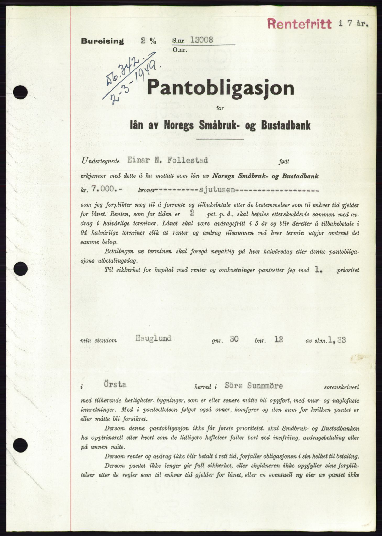 Søre Sunnmøre sorenskriveri, AV/SAT-A-4122/1/2/2C/L0116: Pantebok nr. 4B, 1948-1949, Dagboknr: 342/1949