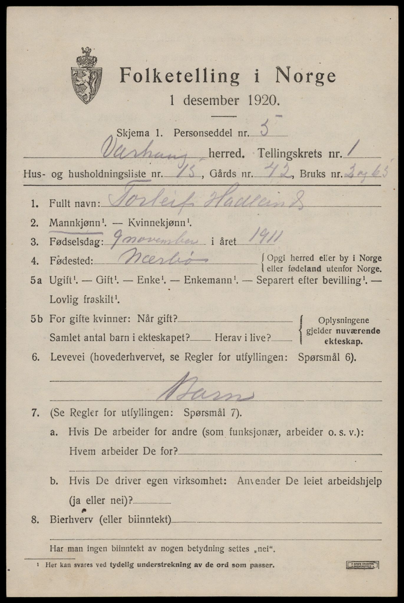SAST, Folketelling 1920 for 1118 Varhaug herred, 1920, s. 991
