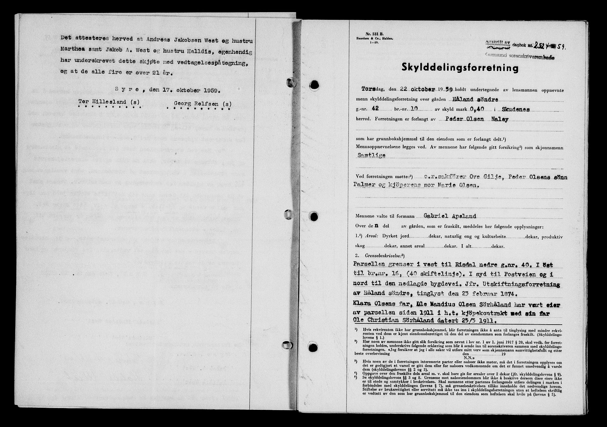 Karmsund sorenskriveri, SAST/A-100311/01/II/IIB/L0132: Pantebok nr. 112A, 1959-1959, Dagboknr: 2524/1959