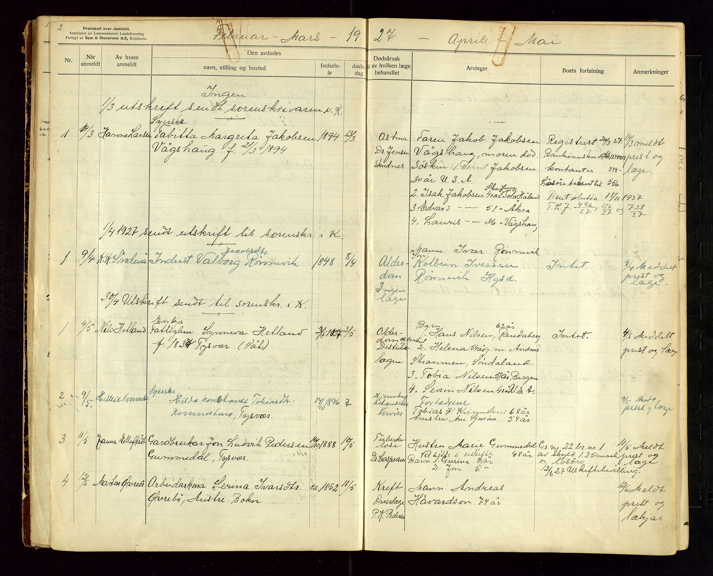 Tysvær lensmannskontor, AV/SAST-A-100192/Gga/L0004: "Protokol over anmeldte dødsfall i Tysvær lensmanndsdistrikt" med register, 1927-1949, s. 2