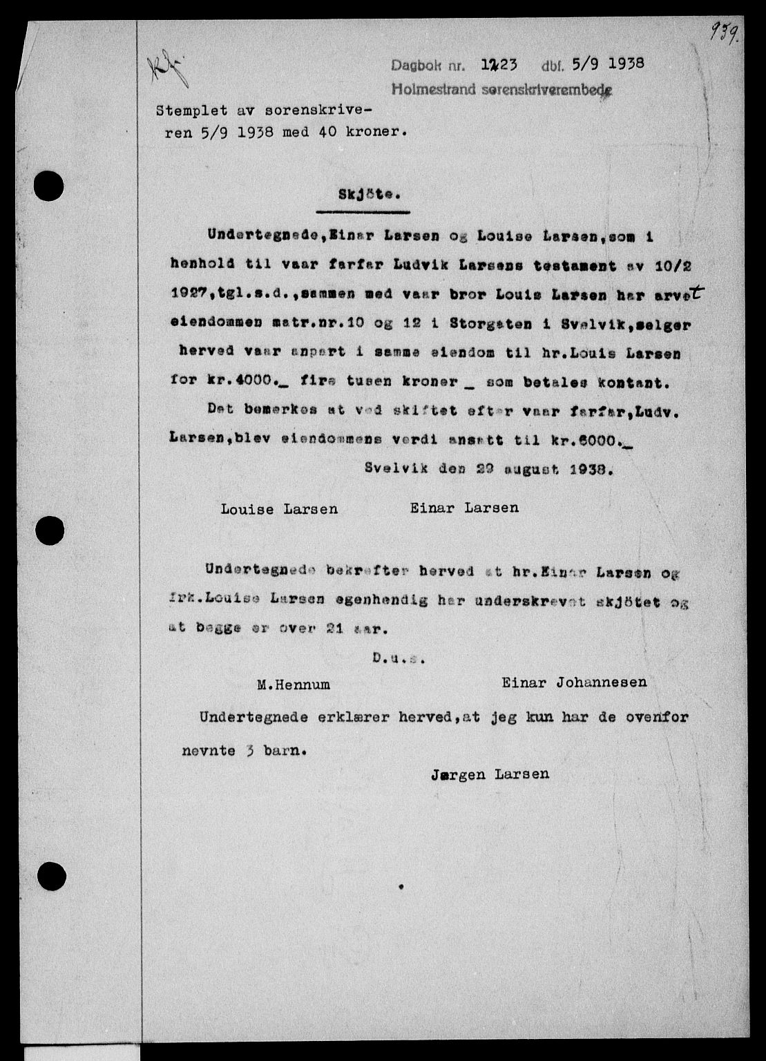 Holmestrand sorenskriveri, SAKO/A-67/G/Ga/Gaa/L0049: Pantebok nr. A-49, 1937-1938, Dagboknr: 1223/1938