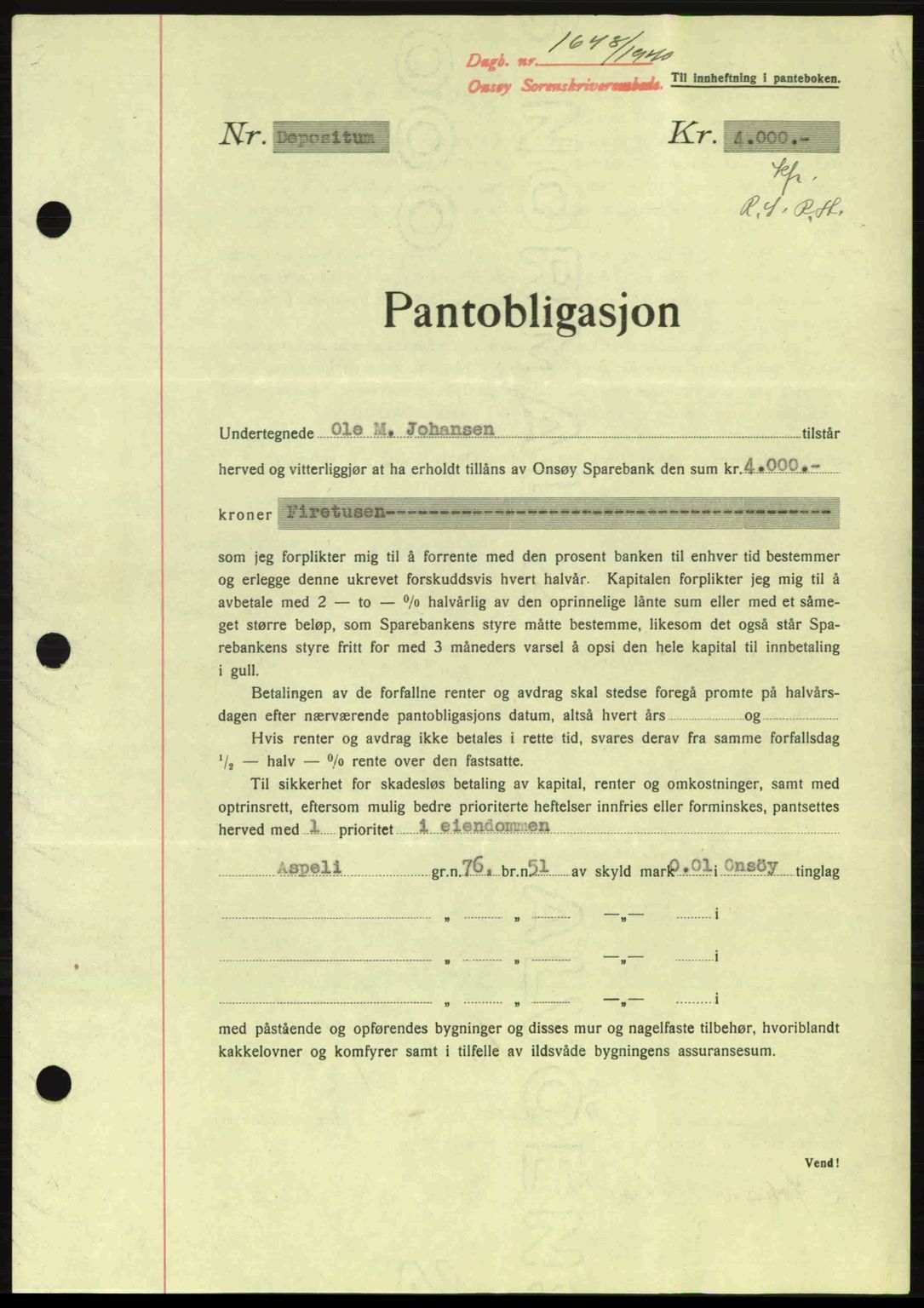 Onsøy sorenskriveri, SAO/A-10474/G/Ga/Gac/L0003: Pantebok nr. B3, 1940-1944, Dagboknr: 1648/1940