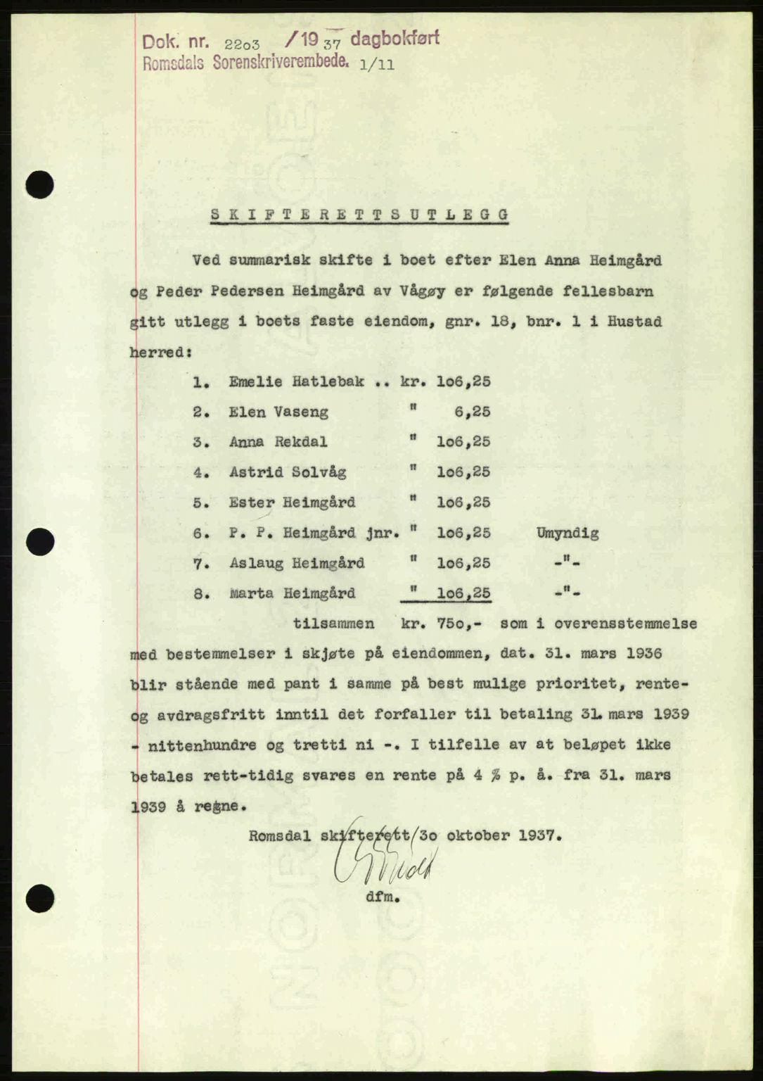 Romsdal sorenskriveri, SAT/A-4149/1/2/2C: Pantebok nr. B1, 1936-1939, Dagboknr: 2203/1937