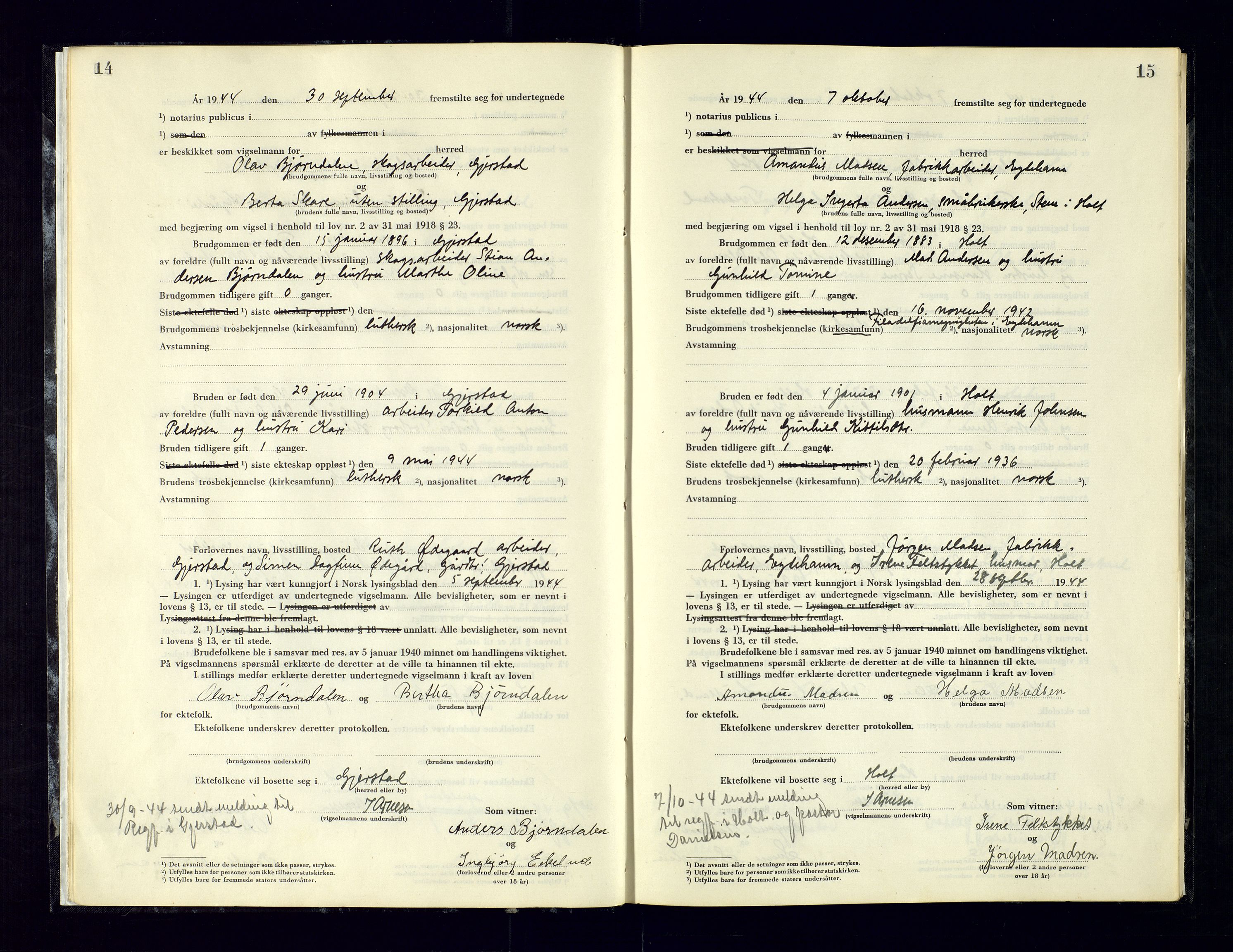 Holt sorenskriveri, AV/SAK-1221-0002/L/Ld/L0003: Vigselbok nr. 2, 1944-1964, s. 14-15