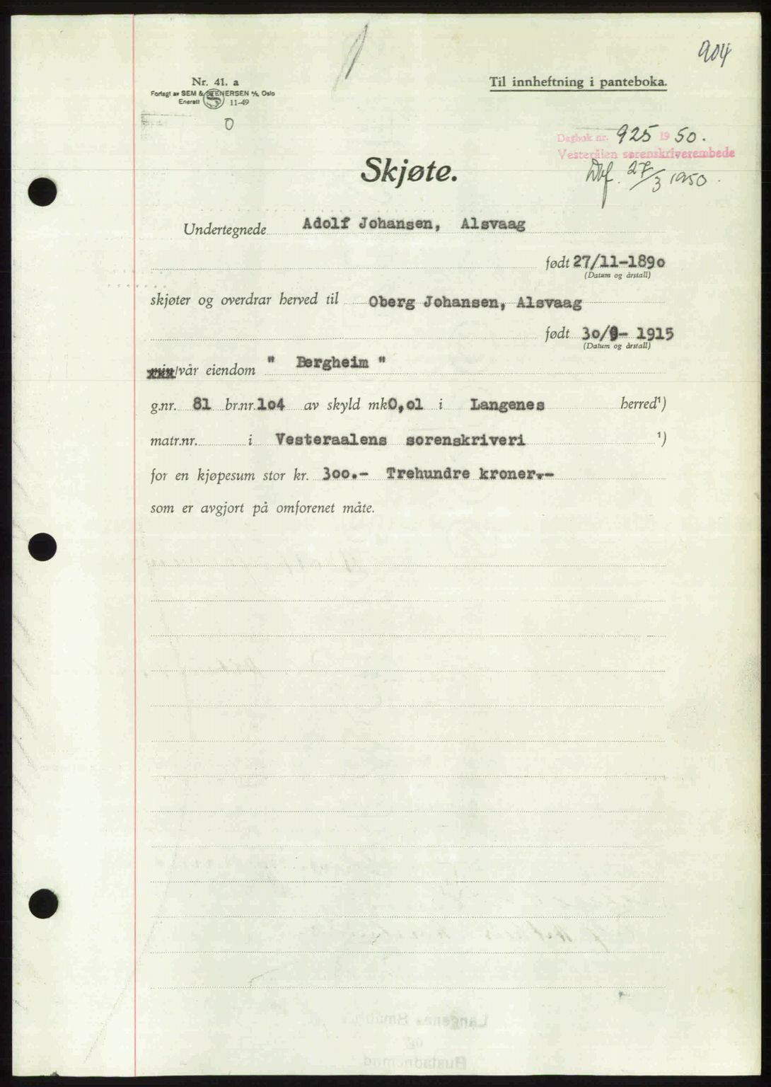 Vesterålen sorenskriveri, AV/SAT-A-4180/1/2/2Ca: Pantebok nr. A27, 1949-1950, Dagboknr: 925/1950