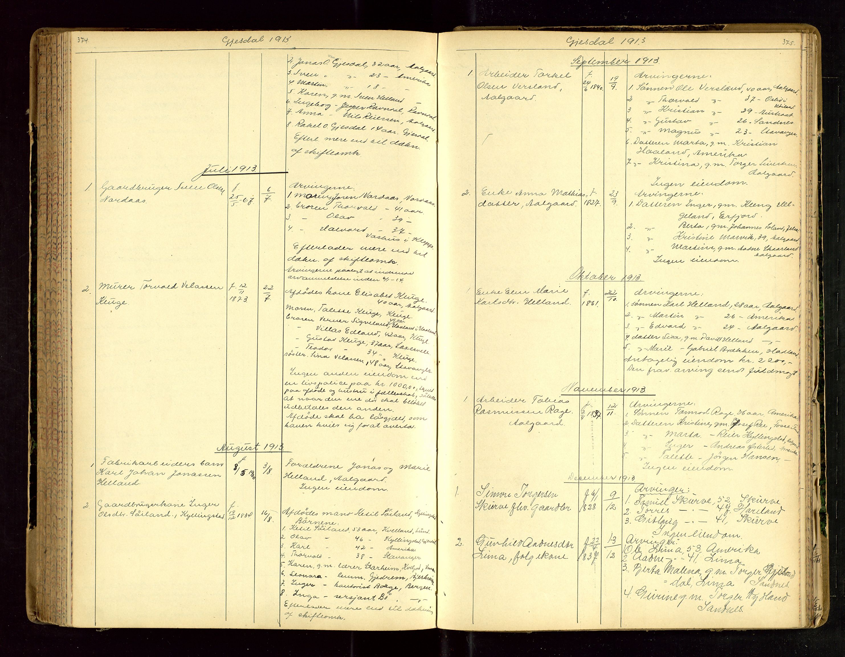 Jæren sorenskriveri, AV/SAST-A-100310/01/5/52/52B/L0003: DØDSFALLPROTOKOLL, 1910-1916, s. 374-375