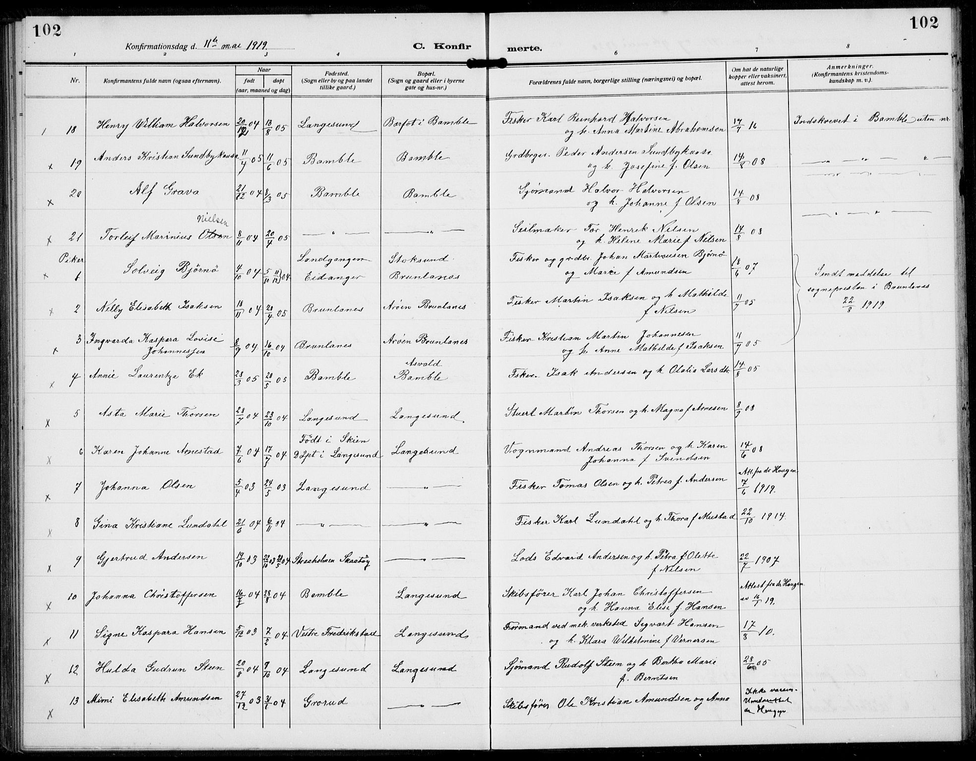 Langesund kirkebøker, AV/SAKO-A-280/G/Ga/L0007: Klokkerbok nr. 7, 1919-1939, s. 102