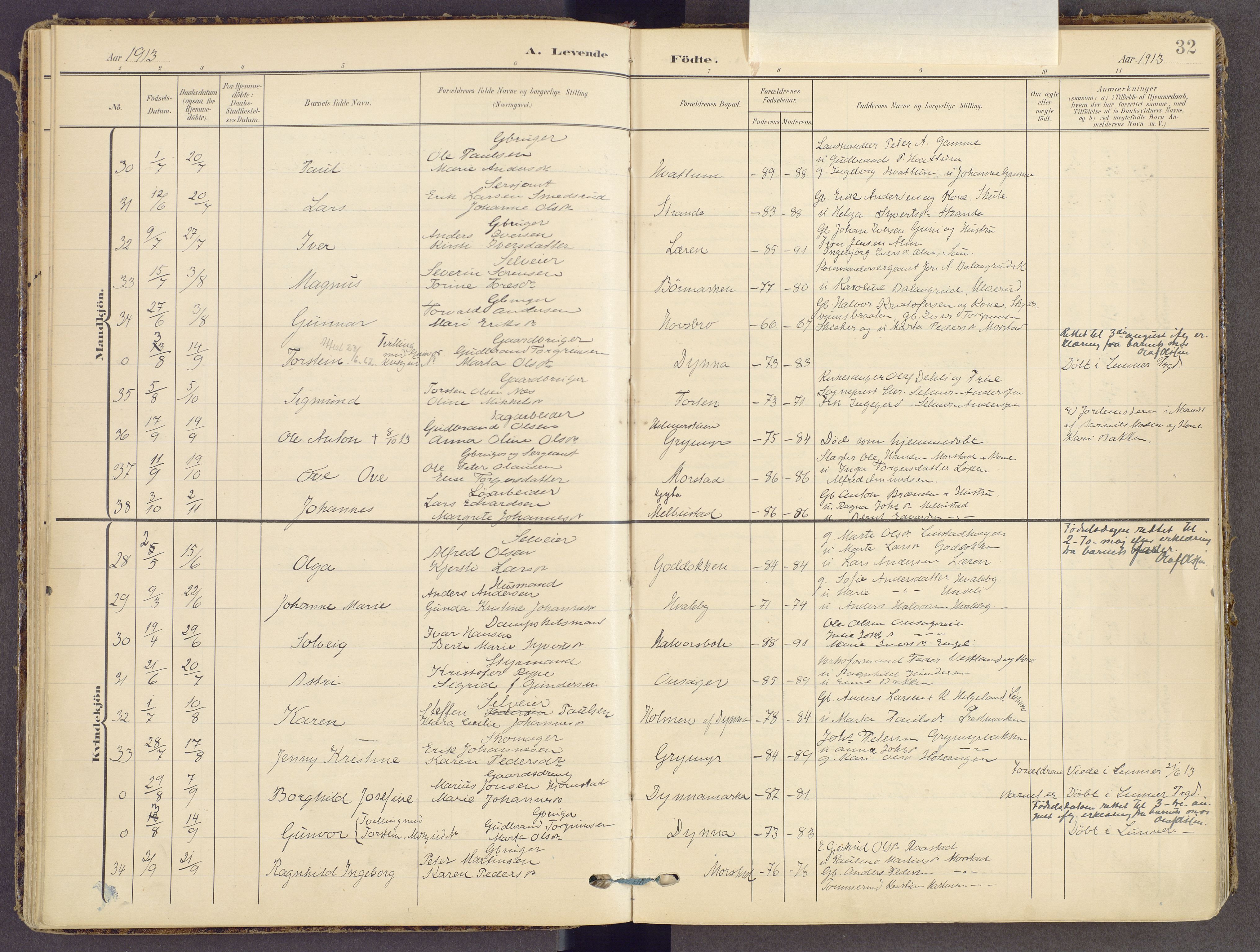 Gran prestekontor, AV/SAH-PREST-112/H/Ha/Haa/L0021: Ministerialbok nr. 21, 1908-1932, s. 32