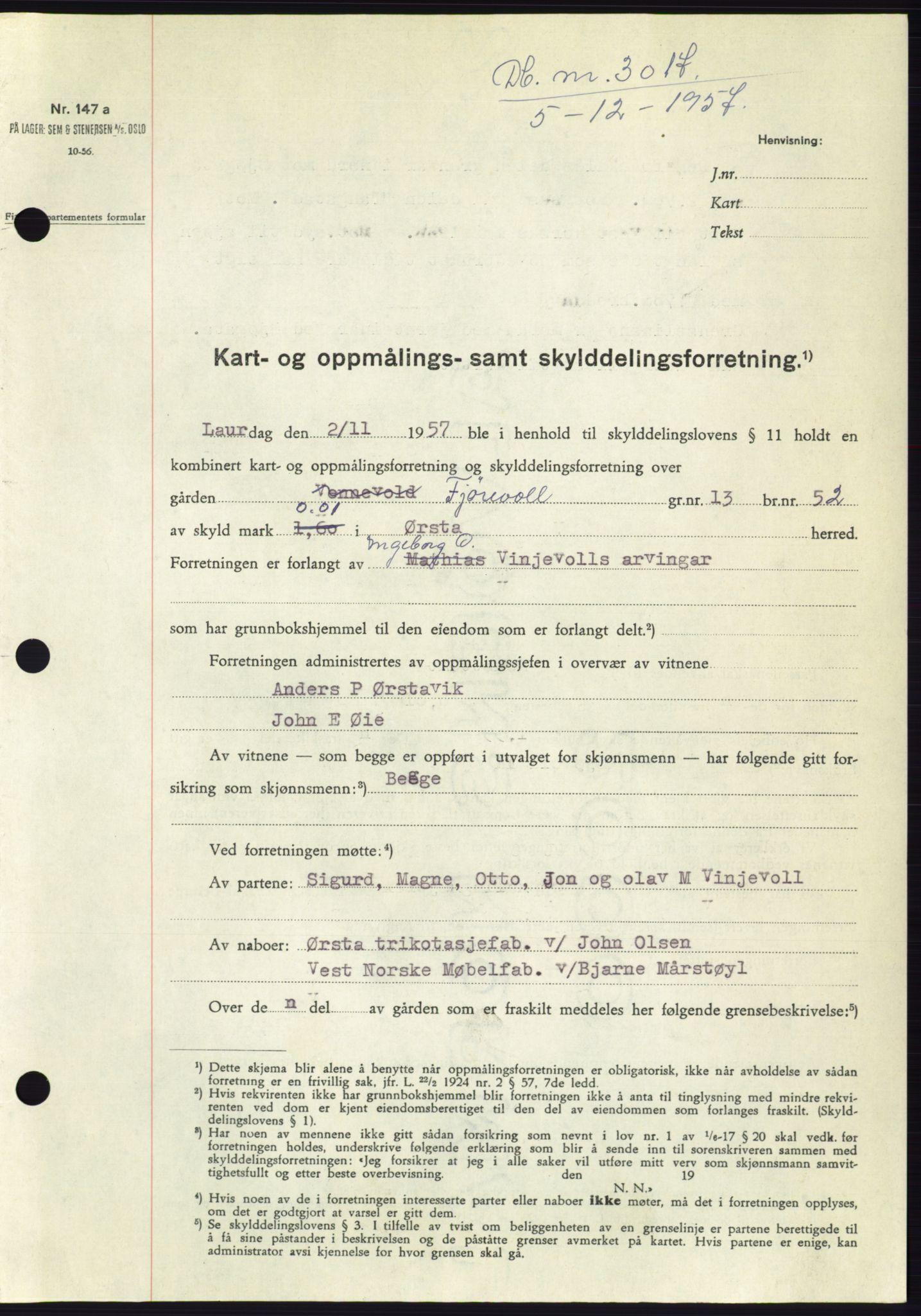 Søre Sunnmøre sorenskriveri, SAT/A-4122/1/2/2C/L0108: Pantebok nr. 34A, 1957-1958, Dagboknr: 3017/1957