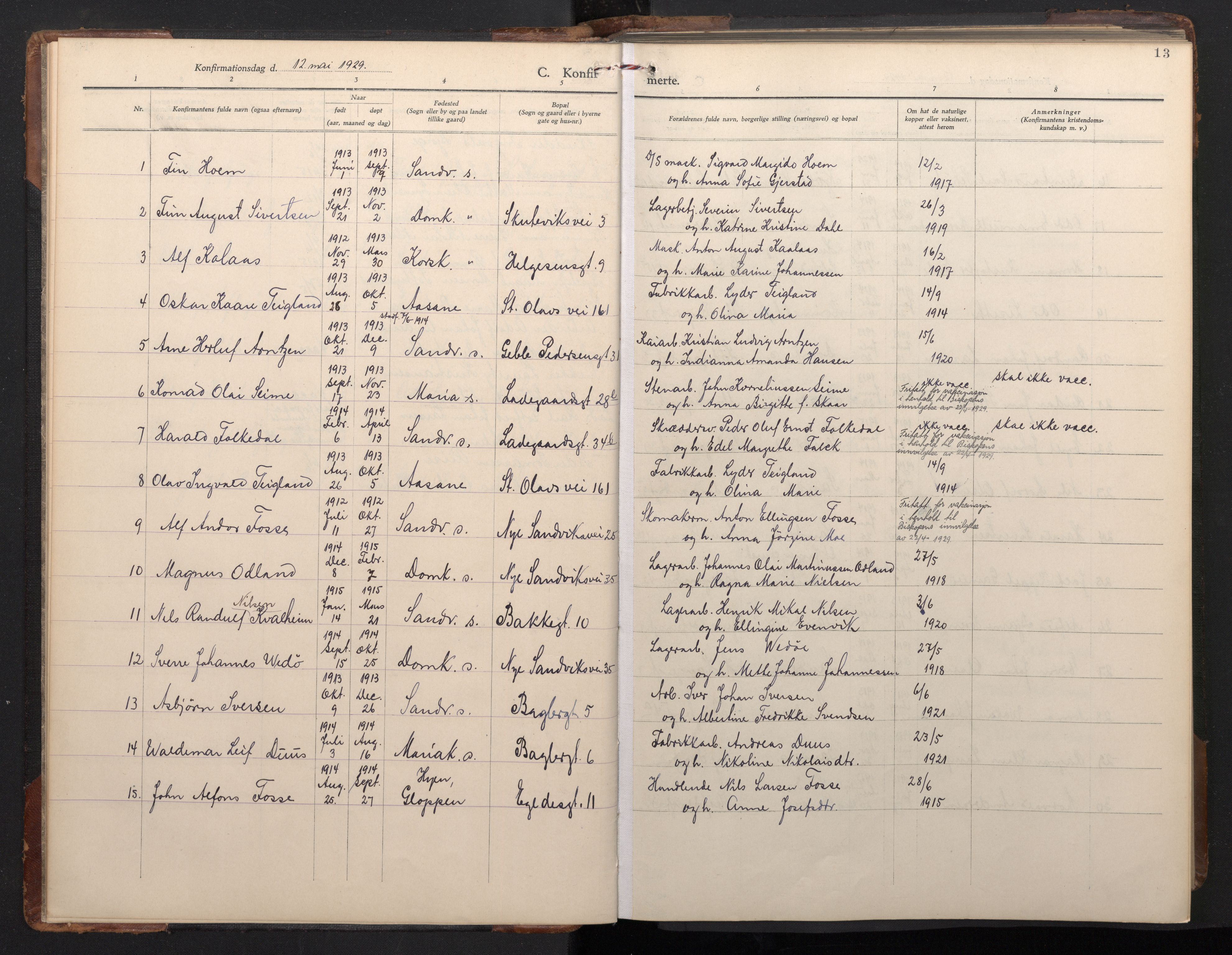 St. Olavs Sokneprestembete, AV/SAB-A-78101/H/Hab: Klokkerbok nr. B 1, 1928-1968, s. 12b-13a