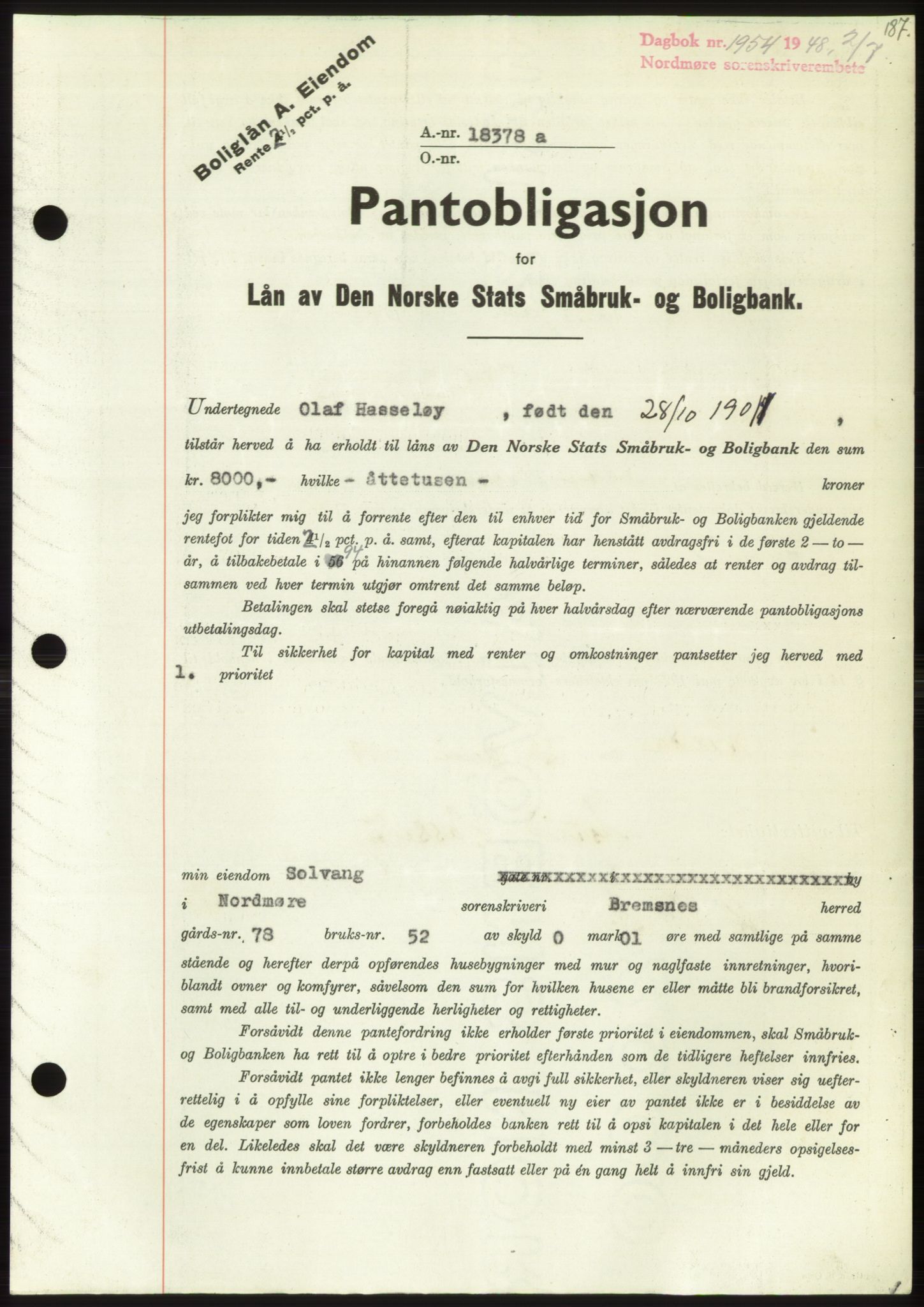 Nordmøre sorenskriveri, SAT/A-4132/1/2/2Ca: Pantebok nr. B99, 1948-1948, Dagboknr: 1954/1948