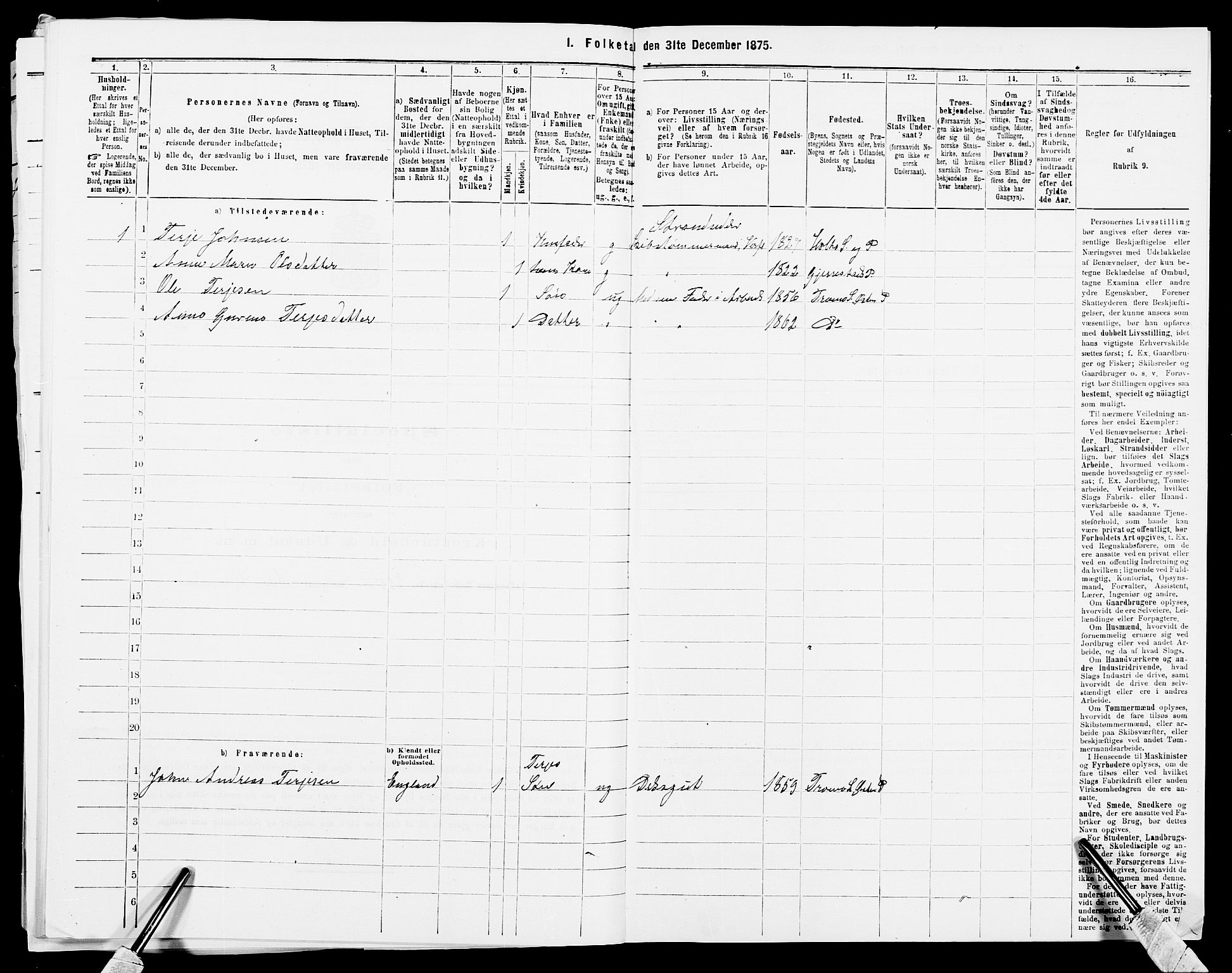 SAK, Folketelling 1875 for 0918P Austre Moland prestegjeld, 1875, s. 1875