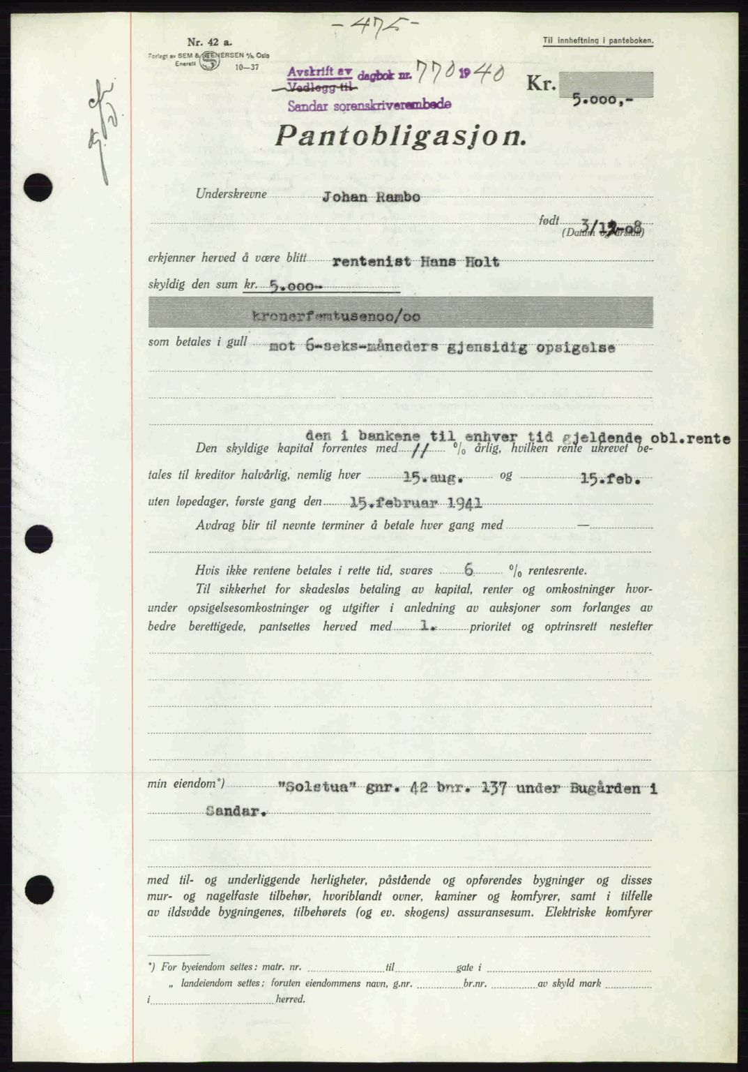 Sandar sorenskriveri, SAKO/A-86/G/Ga/Gab/L0001: Pantebok nr. B-1 og B-3 - B-9, 1936-1944, Dagboknr: 770/1940