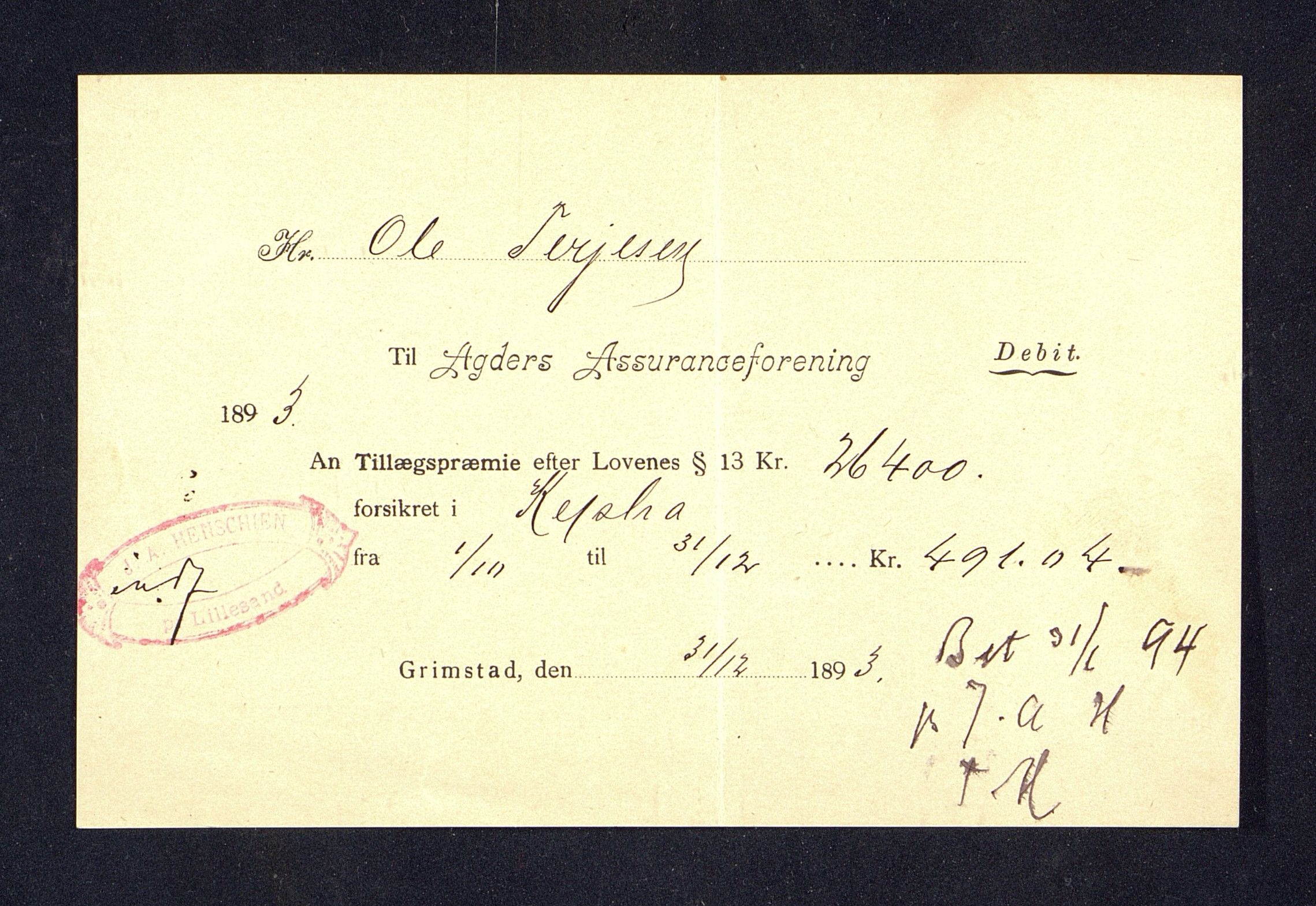 O. Terjesens rederi, AAKS/PA-2525/R/R02/L0001: Regnskapsbilag, 1884-1898