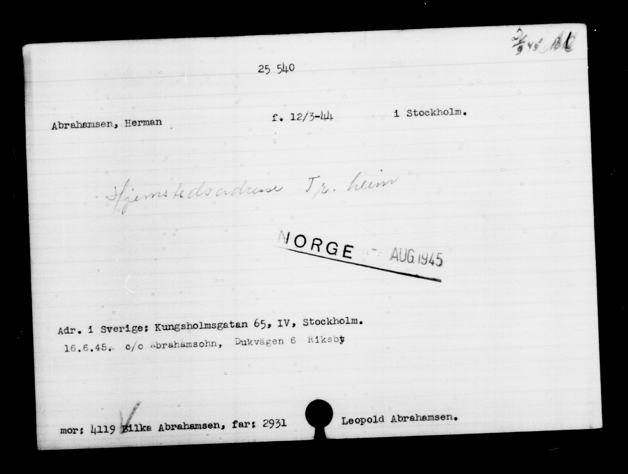 Utenriksstasjonene, Legasjonen i Stockholm, Flyktningkontoret, AV/RA-S-6753/V/Va/L0011: Kjesäterkartoteket, flyktninger med registreringsnr. 25300-28349, 1940-1945, s. 254