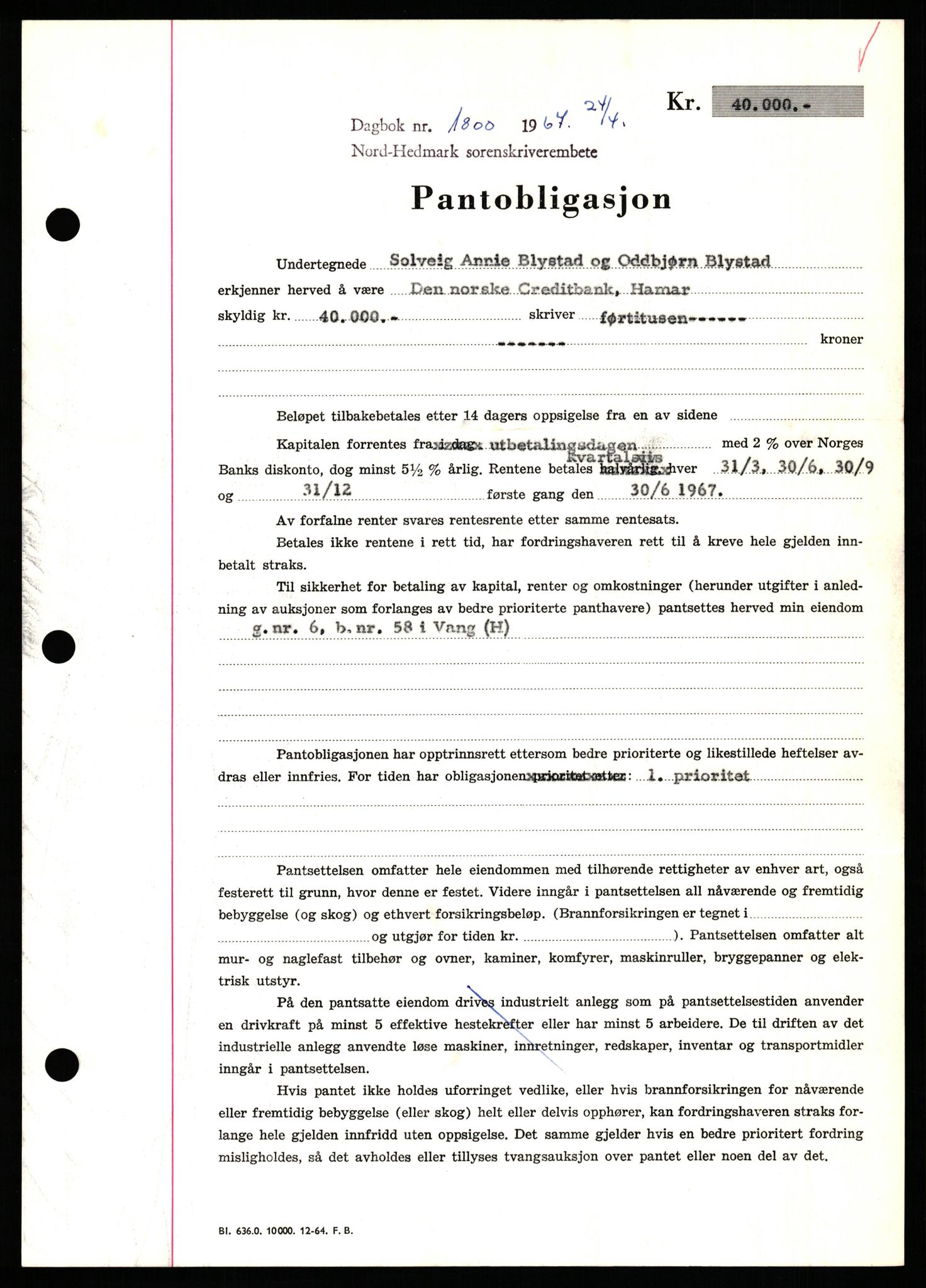 Nord-Hedmark sorenskriveri, SAH/TING-012/H/Hb/Hbf/L0071: Pantebok nr. B71, 1967-1967, Dagboknr: 1800/1967