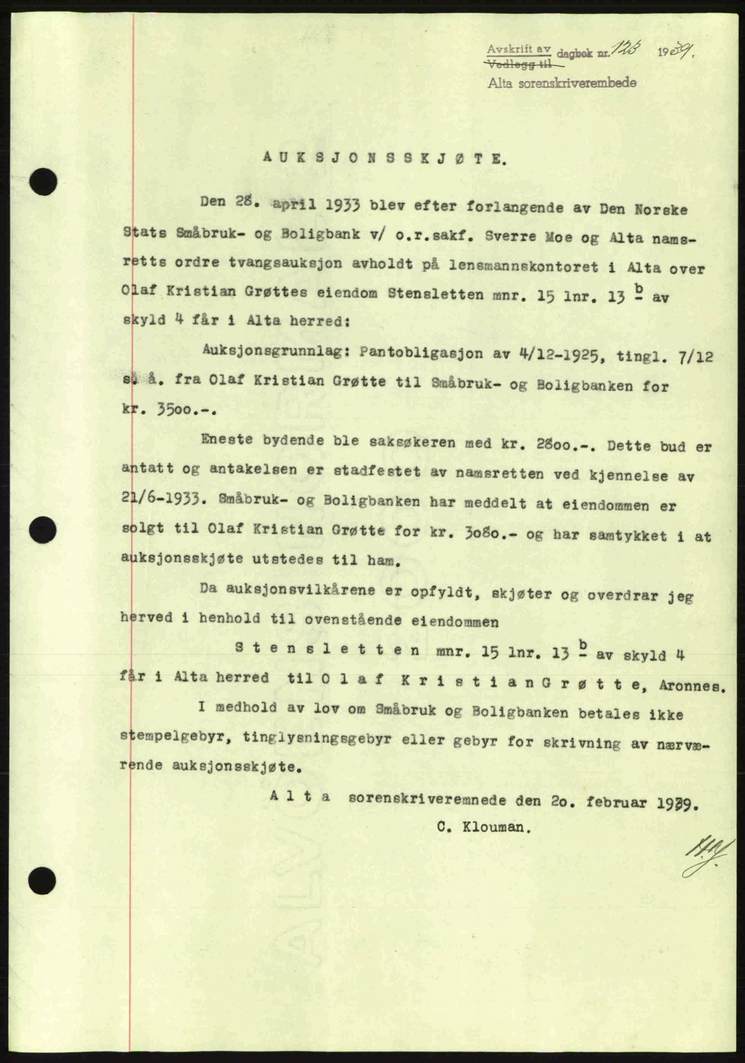 Alta fogderi/sorenskriveri, SATØ/SATØ-5/1/K/Kd/L0031pantebok: Pantebok nr. 31, 1938-1939, Dagboknr: 123/1939