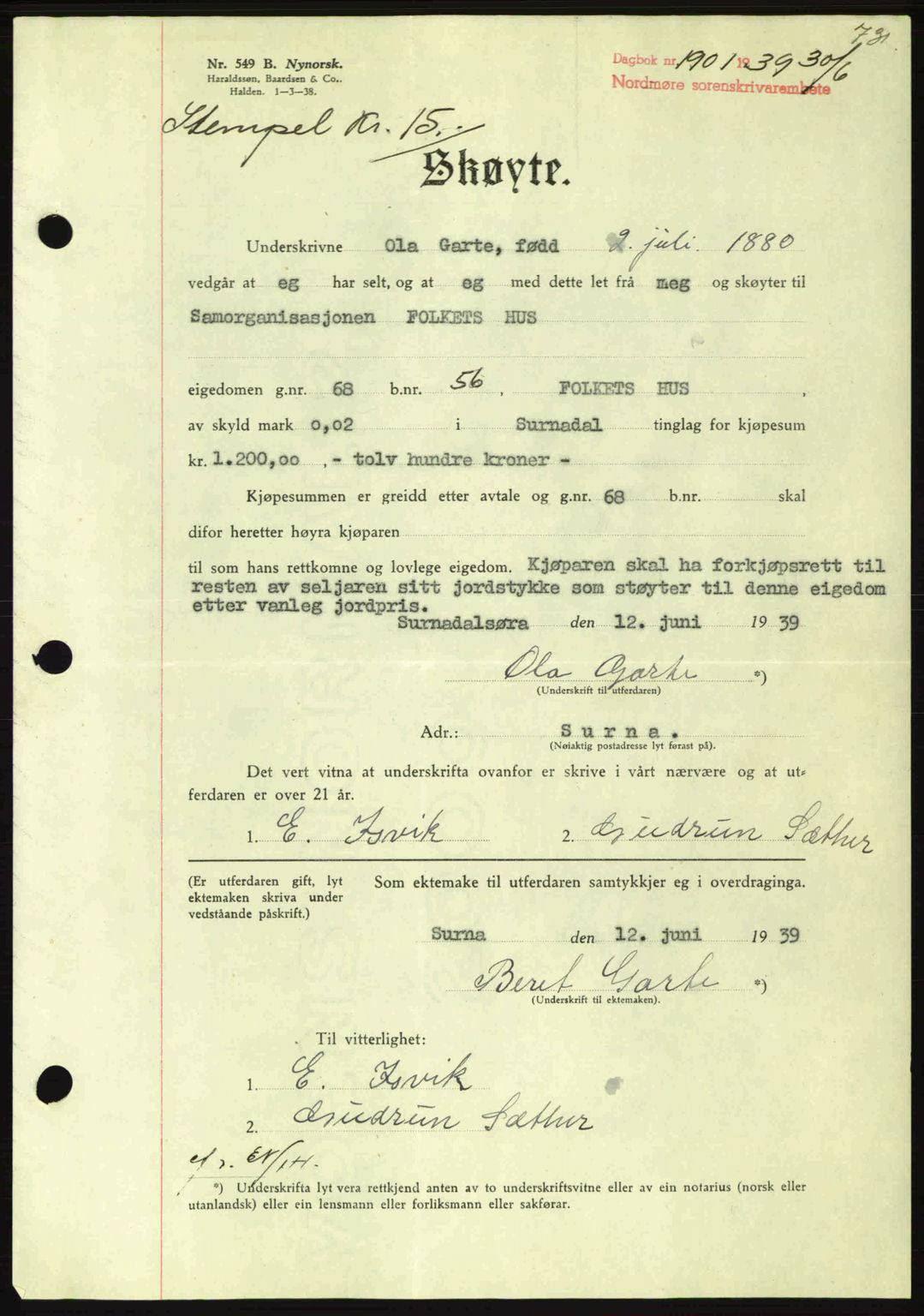 Nordmøre sorenskriveri, SAT/A-4132/1/2/2Ca: Pantebok nr. A86, 1939-1939, Dagboknr: 1901/1939