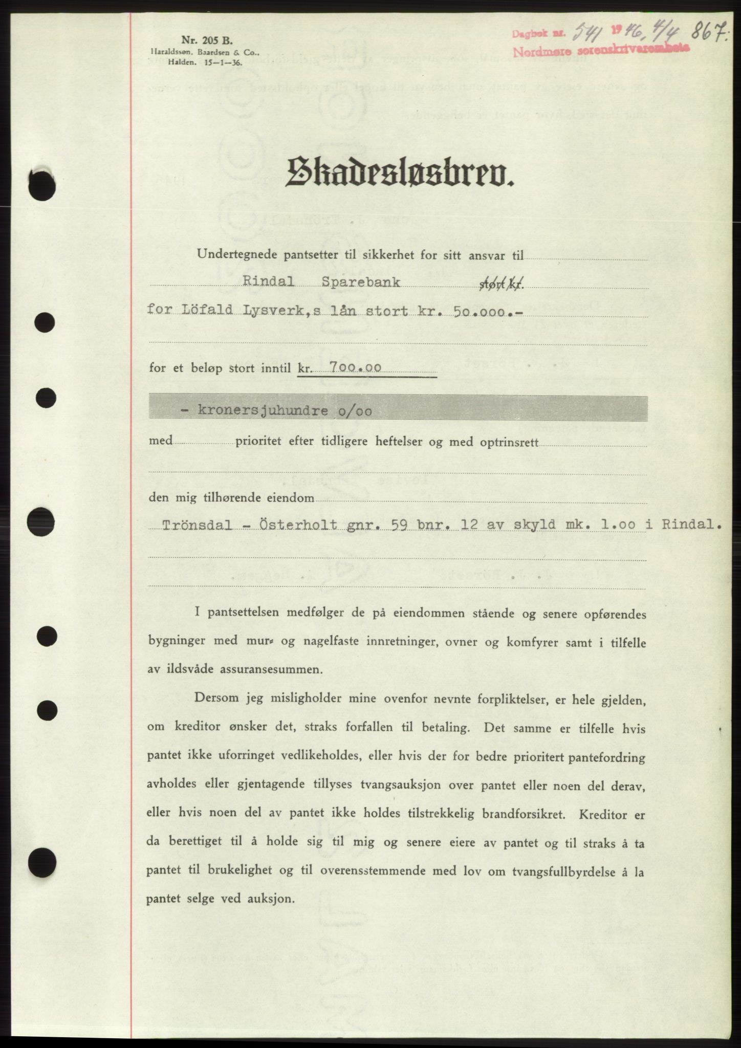Nordmøre sorenskriveri, SAT/A-4132/1/2/2Ca: Pantebok nr. B93b, 1946-1946, Dagboknr: 541/1946