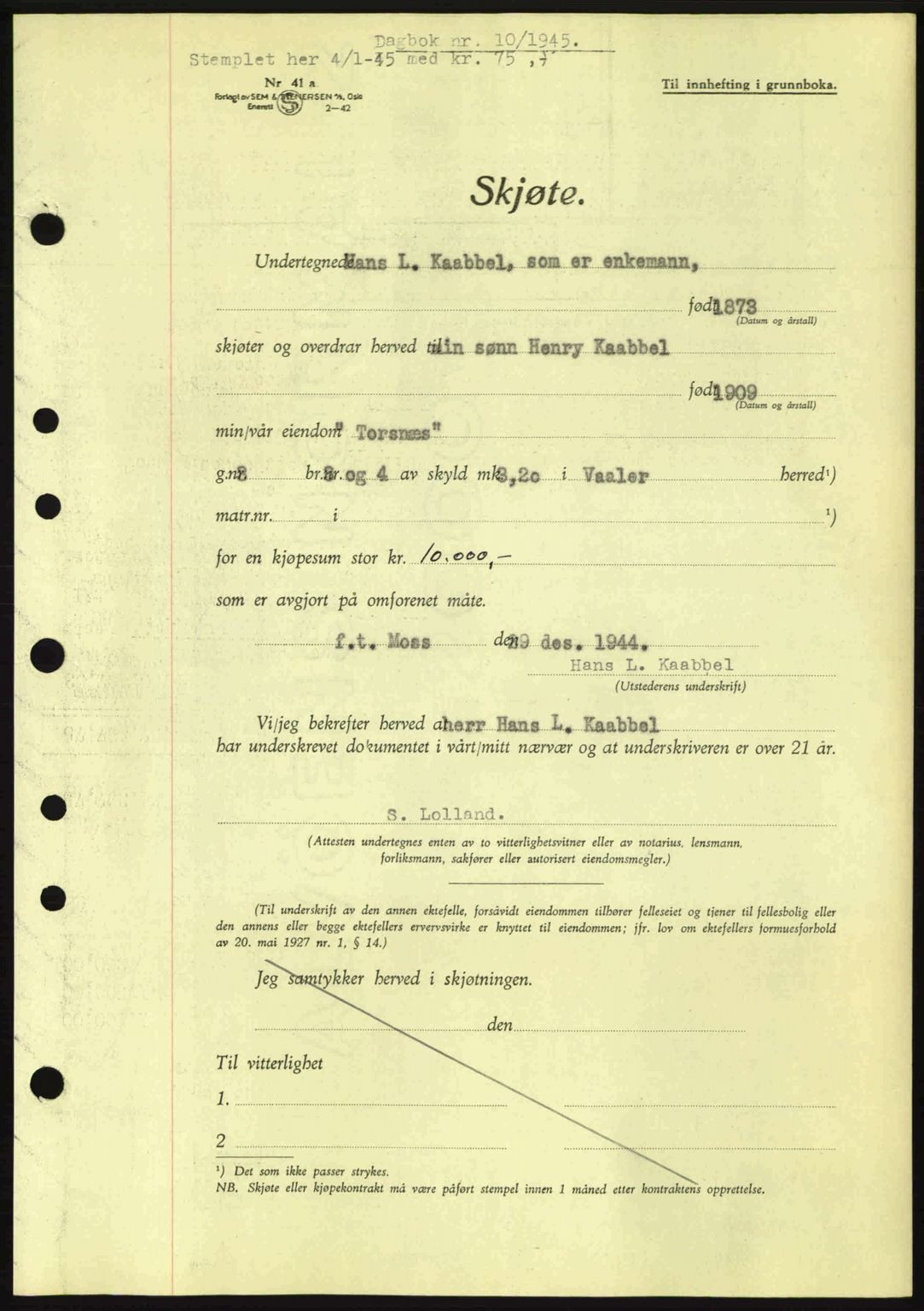 Moss sorenskriveri, SAO/A-10168: Pantebok nr. A13, 1944-1945, Dagboknr: 10/1945