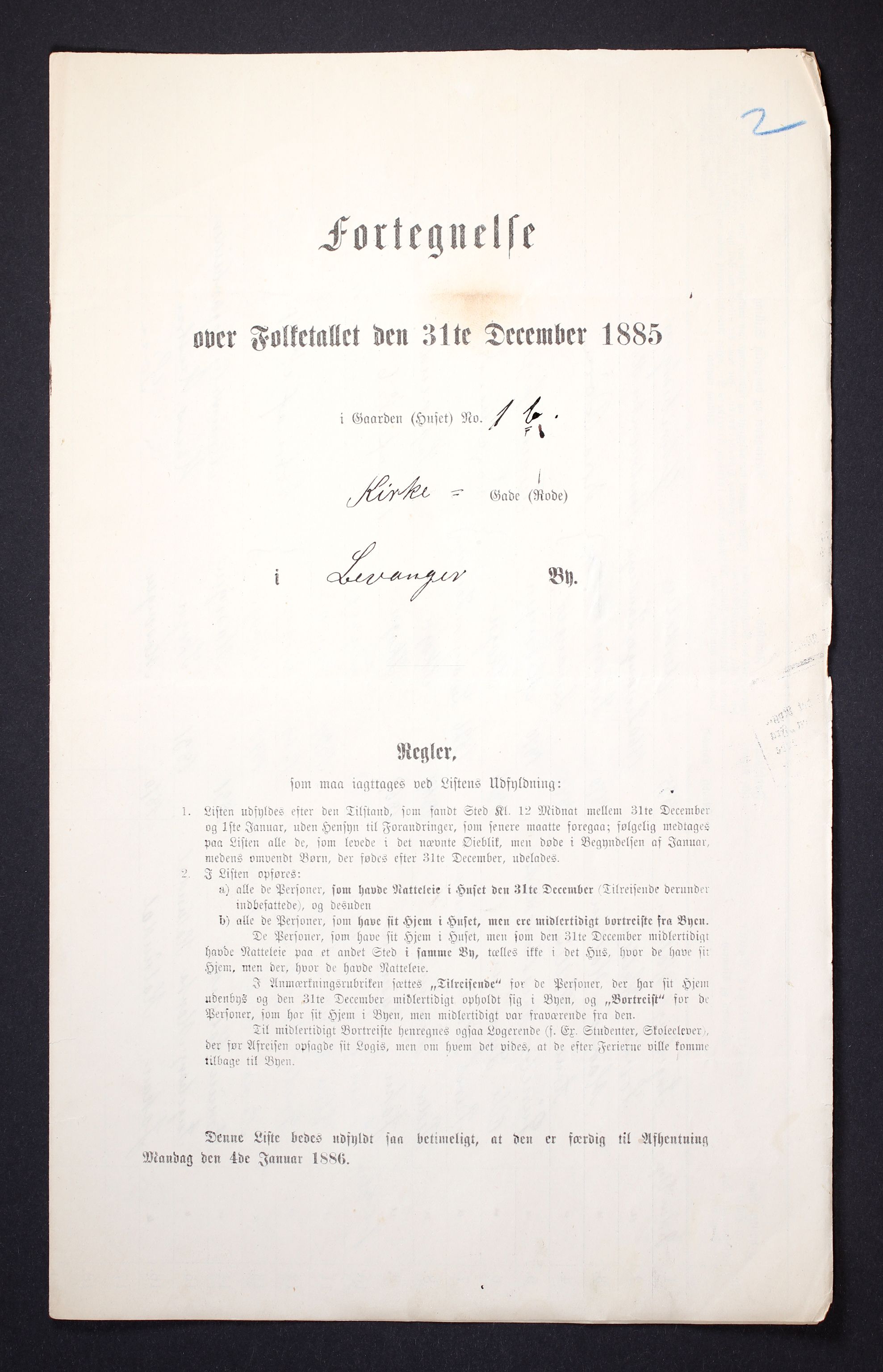 SAT, Folketelling 1885 for 1701 Levanger kjøpstad, 1885, s. 2a