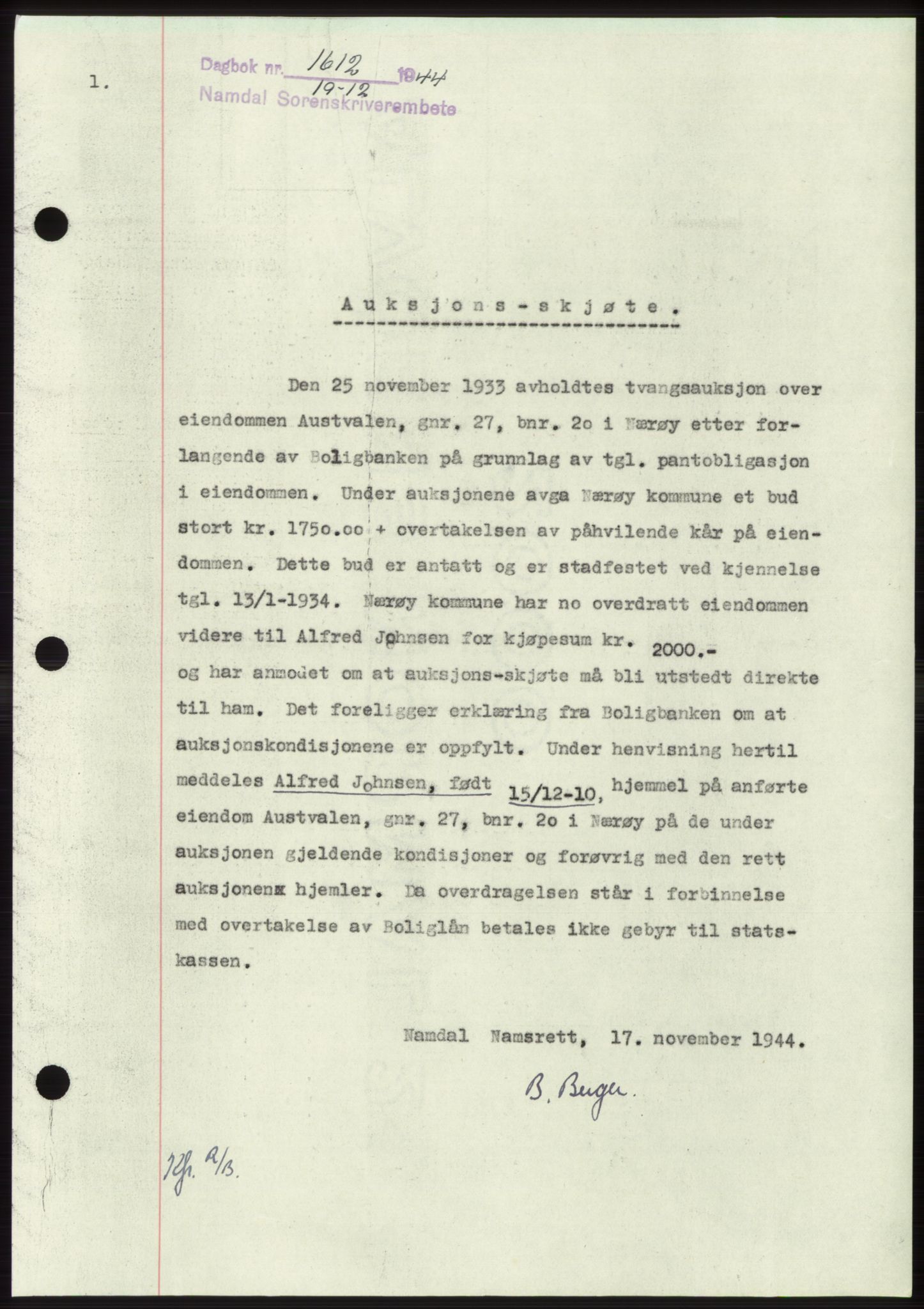 Namdal sorenskriveri, SAT/A-4133/1/2/2C: Pantebok nr. -, 1944-1945, Dagboknr: 1612/1944