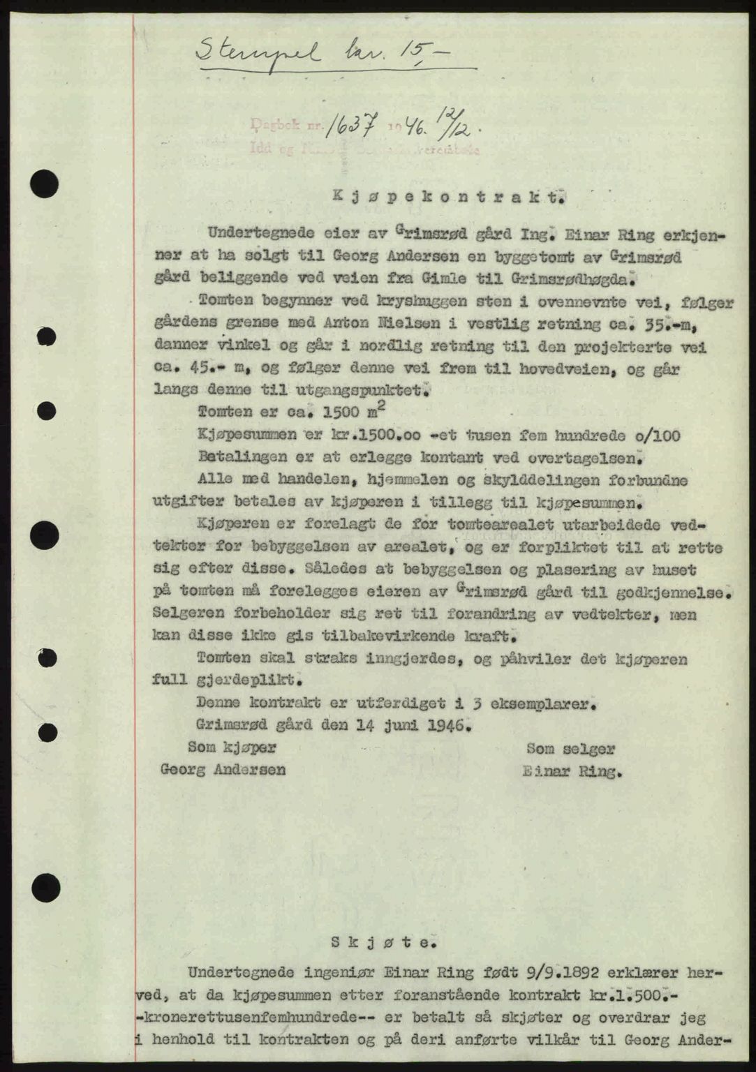Idd og Marker sorenskriveri, SAO/A-10283/G/Gb/Gbb/L0009: Pantebok nr. A9, 1946-1947, Dagboknr: 1637/1946