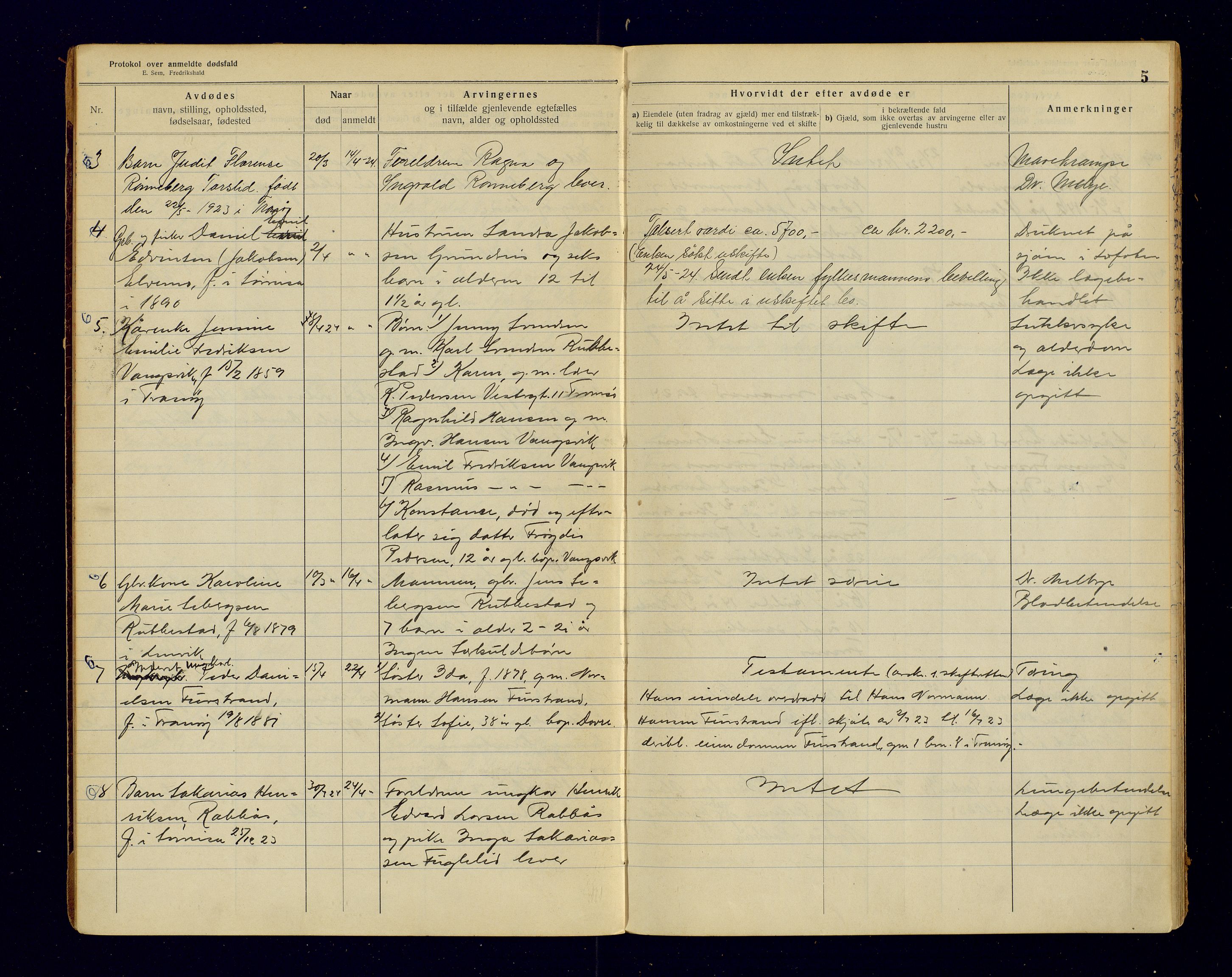 Tranøy lensmannskontor (Sørreisa lensmannskontor), SATØ/SATØ-46/1/F/Fi/Fia/L0149: Dødsfallsprotokoller, 1924-1927, s. 5