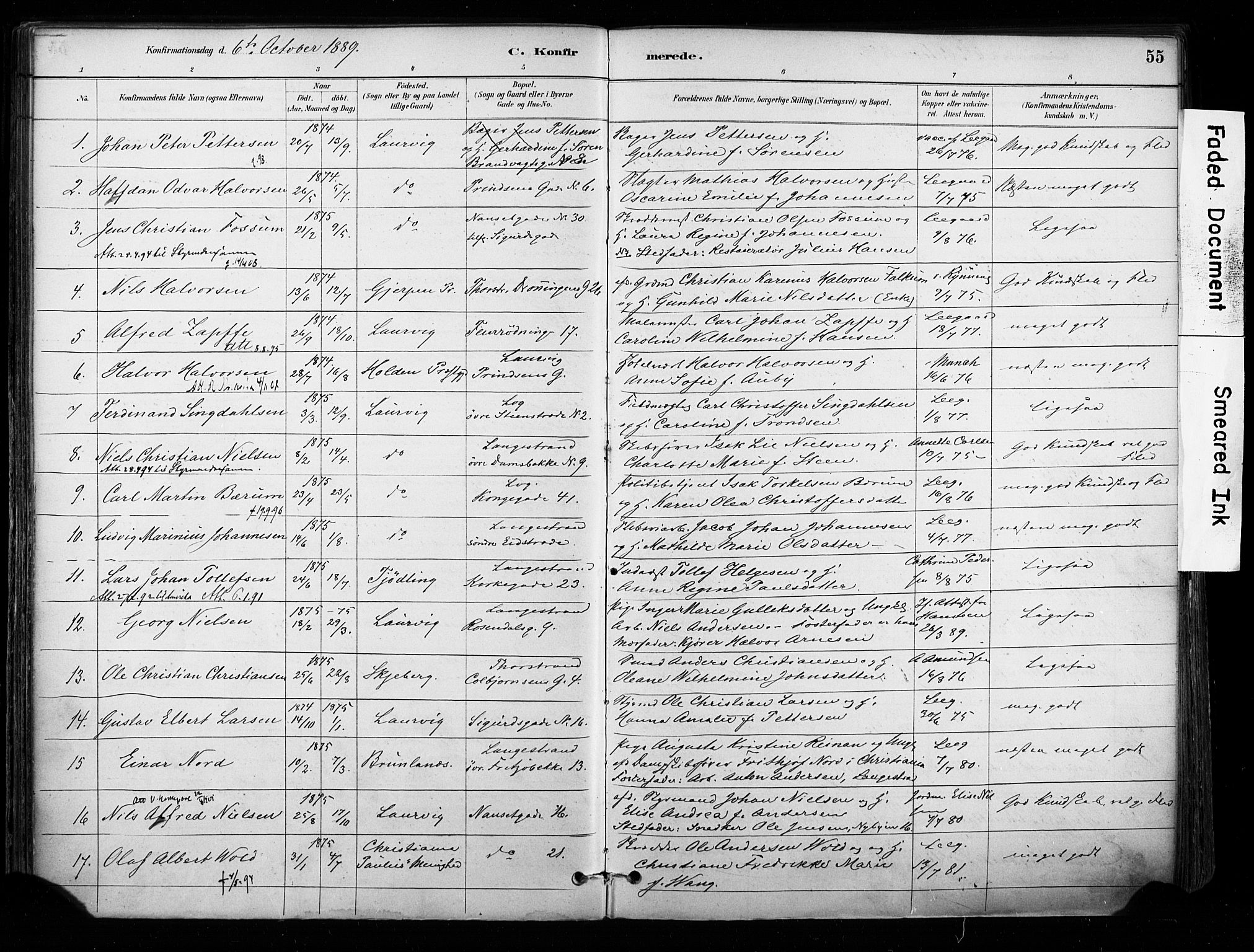 Larvik kirkebøker, AV/SAKO-A-352/F/Fa/L0008: Ministerialbok nr. I 8, 1884-1902, s. 55