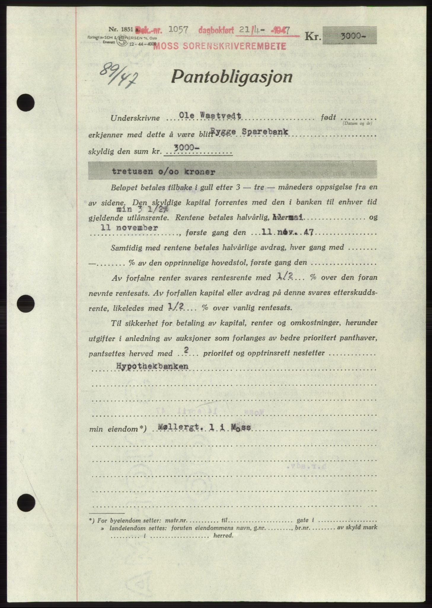 Moss sorenskriveri, SAO/A-10168: Pantebok nr. B17, 1947-1947, Dagboknr: 1057/1947