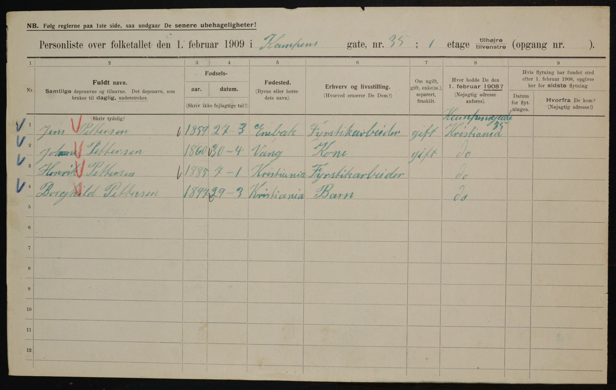OBA, Kommunal folketelling 1.2.1909 for Kristiania kjøpstad, 1909, s. 43852