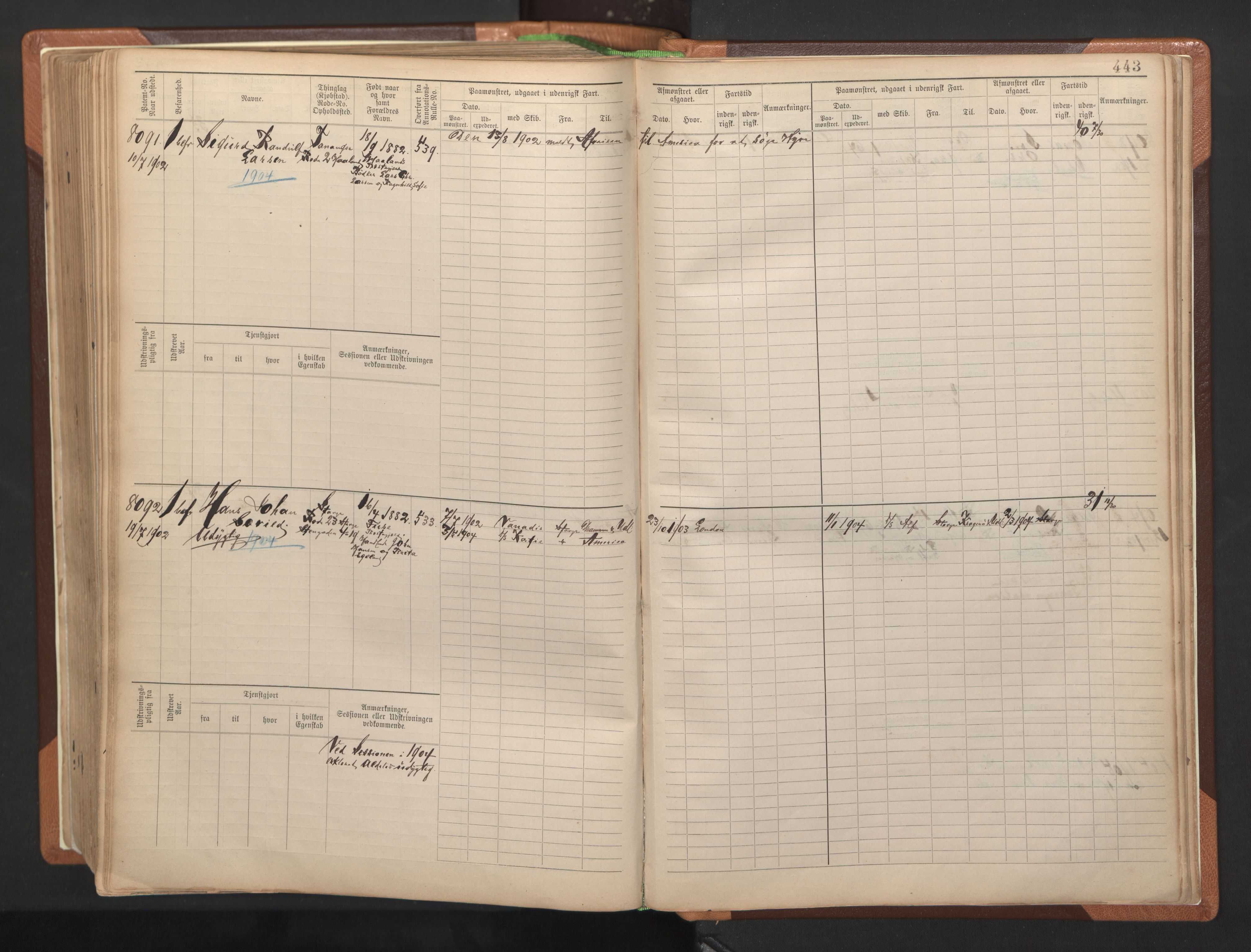 Stavanger sjømannskontor, AV/SAST-A-102006/F/Fb/Fbb/L0012: Sjøfartshovedrulle, patentnr. 7207-8158, 1894-1904, s. 447