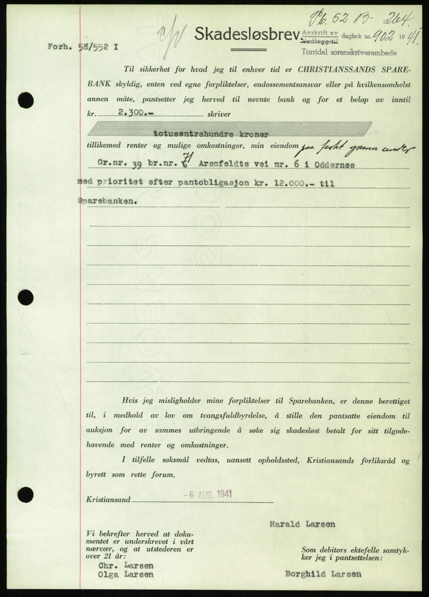 Torridal sorenskriveri, SAK/1221-0012/G/Gb/Gbb/L0008: Pantebok nr. 52b, 1940-1942, Dagboknr: 902/1941