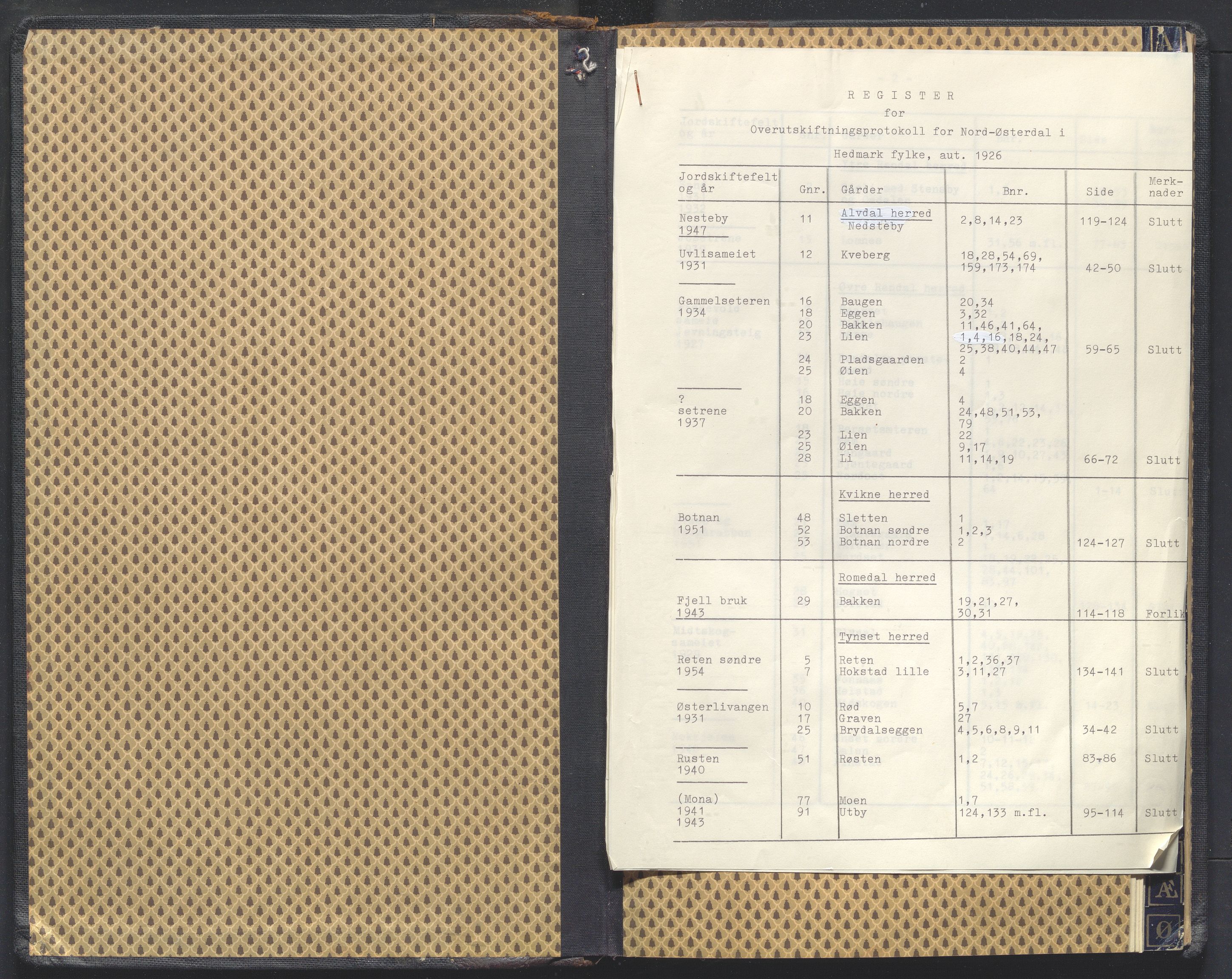 Hedmark og Østerdal jordskifterett, AV/SAH-JORDSKIFTEH-002/G/Ga/L0010/0001: Rettsbøker / Rettsbok, overutskiftninger - V, 1927-1954