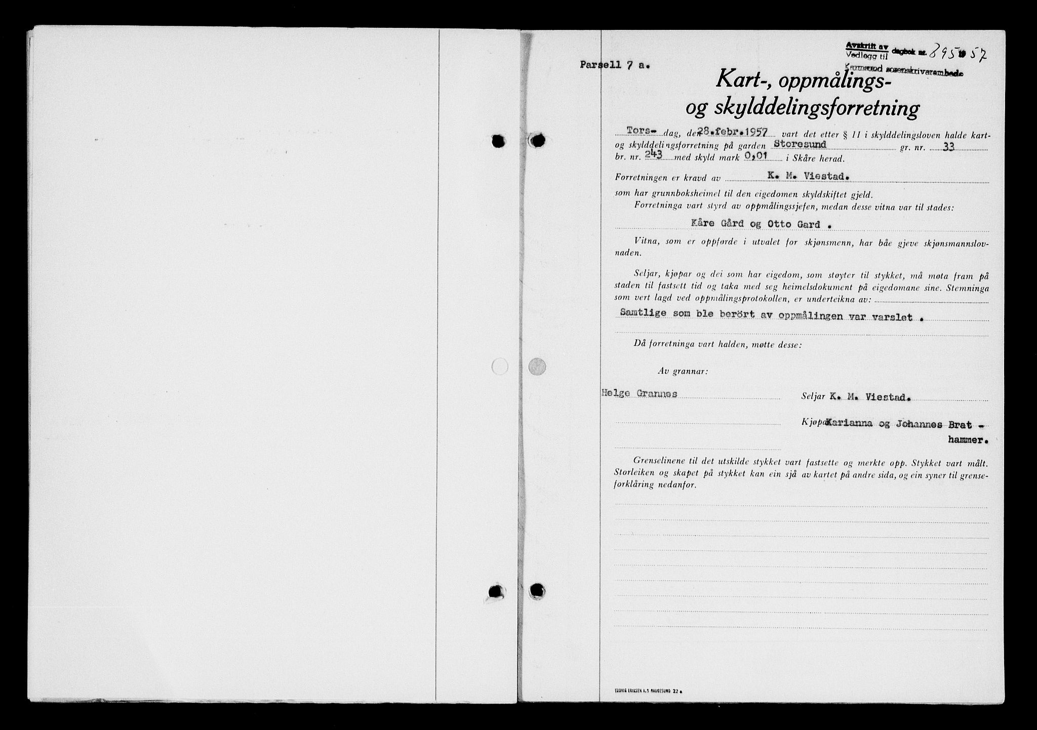 Karmsund sorenskriveri, SAST/A-100311/01/II/IIB/L0124: Pantebok nr. 104A, 1957-1957, Dagboknr: 895/1957
