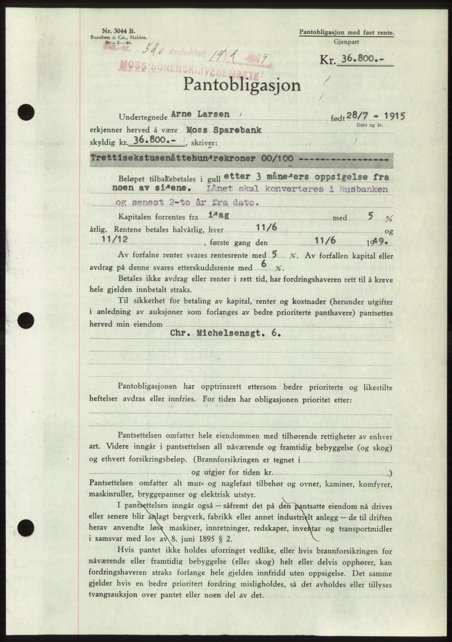 Moss sorenskriveri, SAO/A-10168: Pantebok nr. B21, 1949-1949, Dagboknr: 520/1949