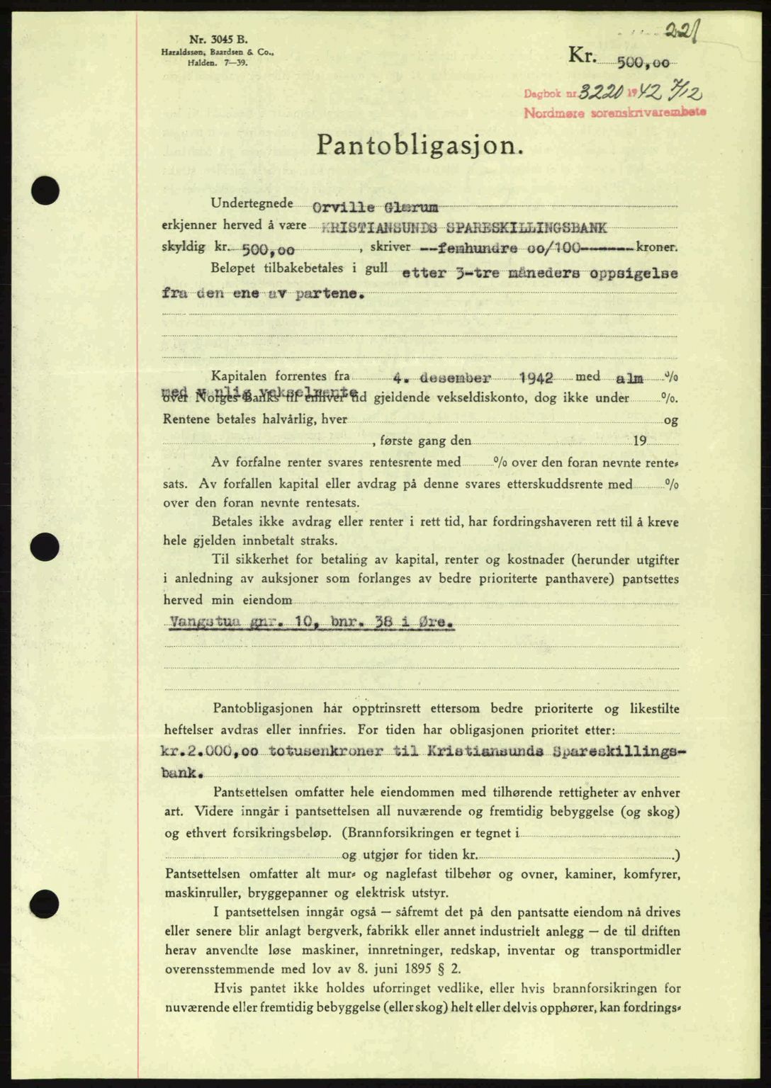 Nordmøre sorenskriveri, SAT/A-4132/1/2/2Ca: Pantebok nr. B90, 1942-1943, Dagboknr: 3220/1942